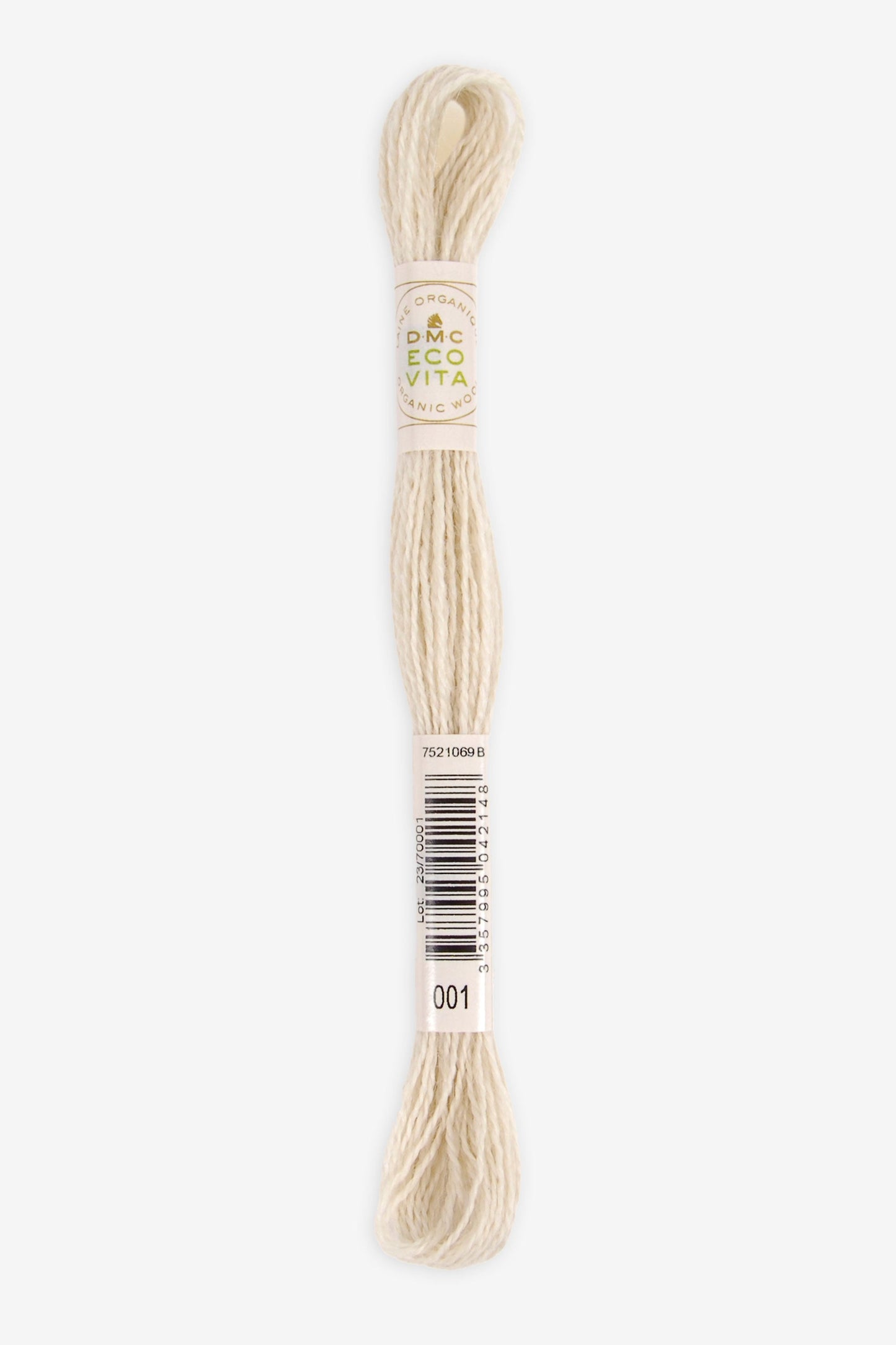 Single skein of Eco Vita Crewel Wool thread from DMC in color #001 against a white background