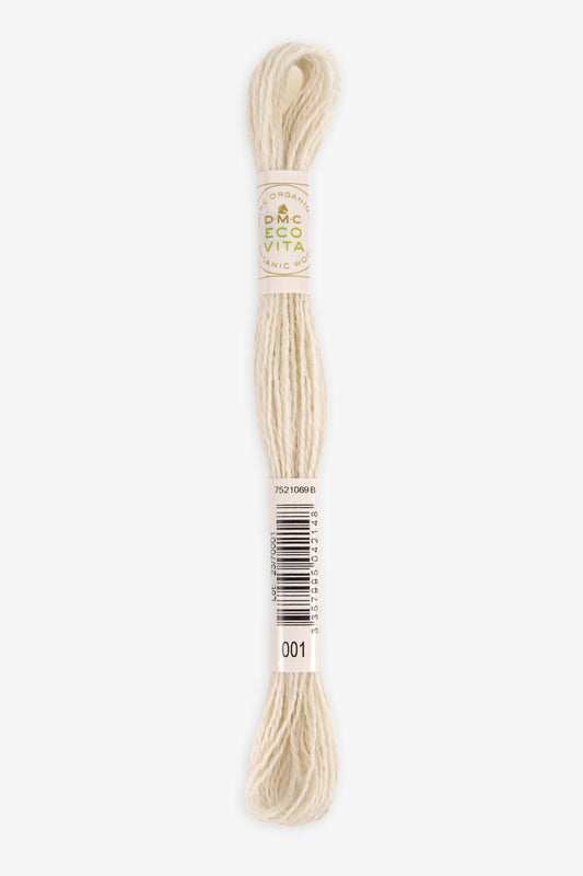 Single skein of Eco Vita Crewel Wool thread from DMC in color #001 against a white background