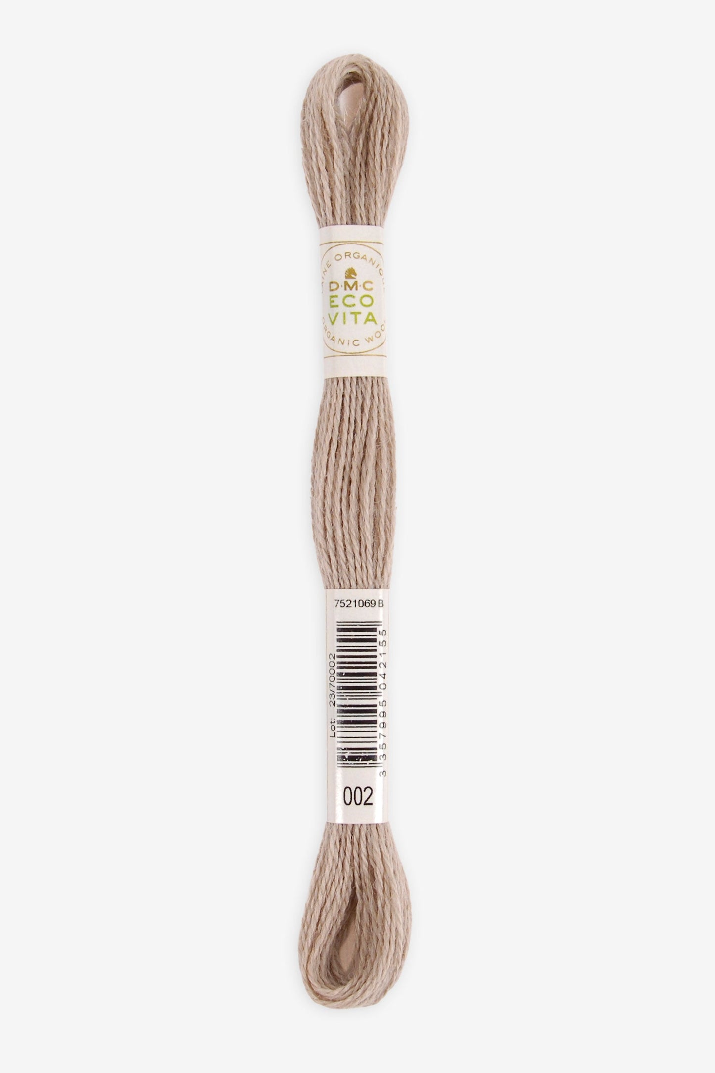 Single skein of Eco Vita Crewel Wool thread from DMC in color #002 against a white background