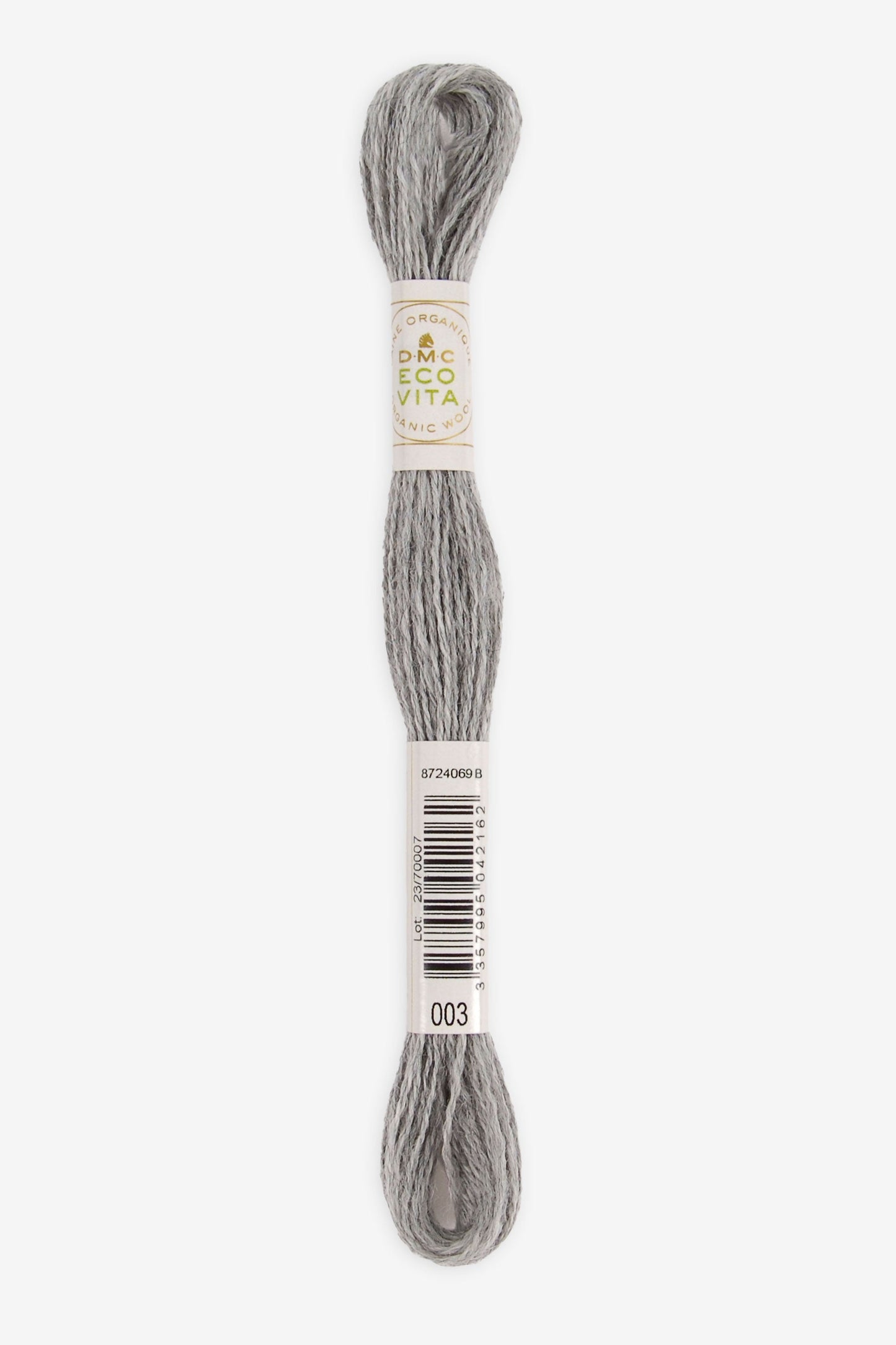 Single skein of Eco Vita Crewel Wool thread from DMC in color #003 against a white background