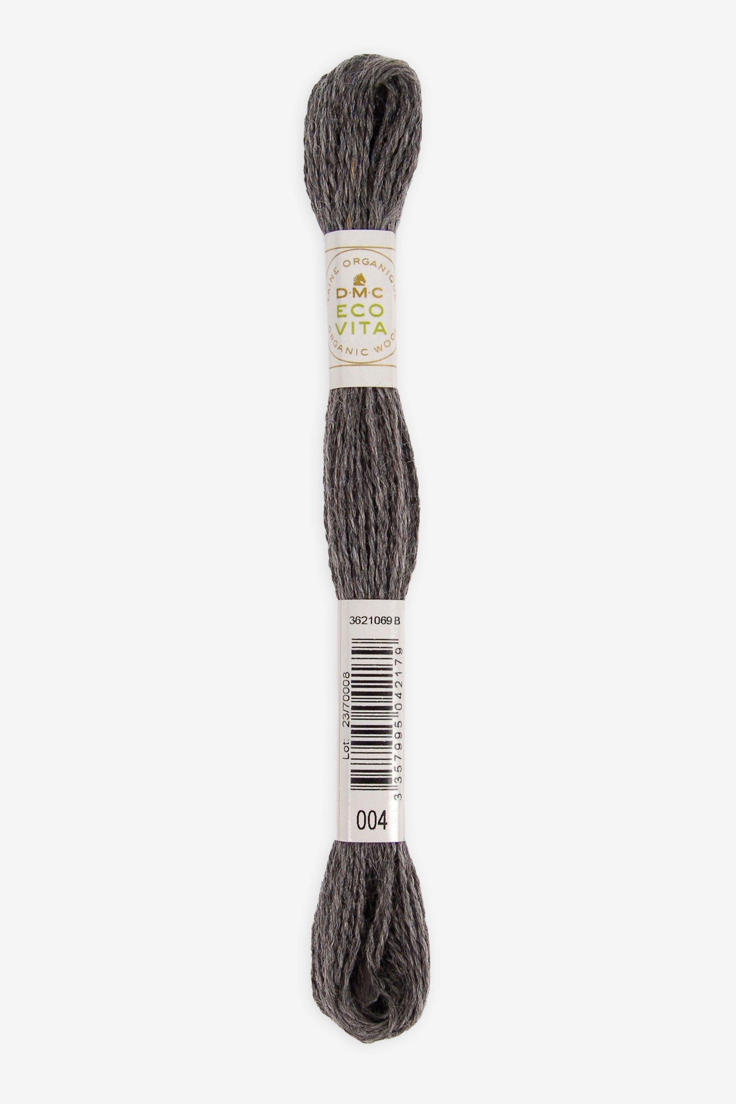 Single skein of Eco Vita Crewel Wool thread from DMC in color #004 against a white background