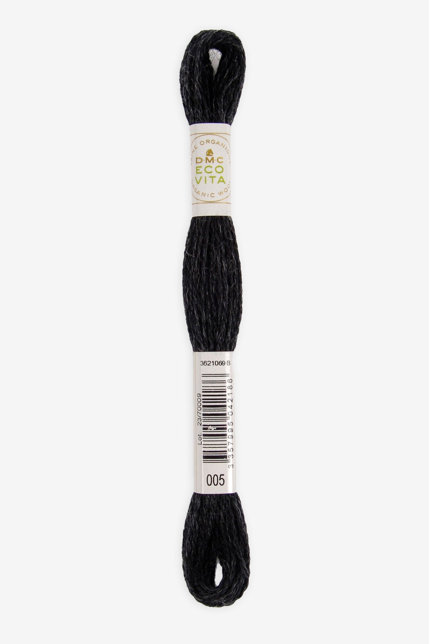 Single skein of Eco Vita Crewel Wool thread from DMC in color #005 against a white background