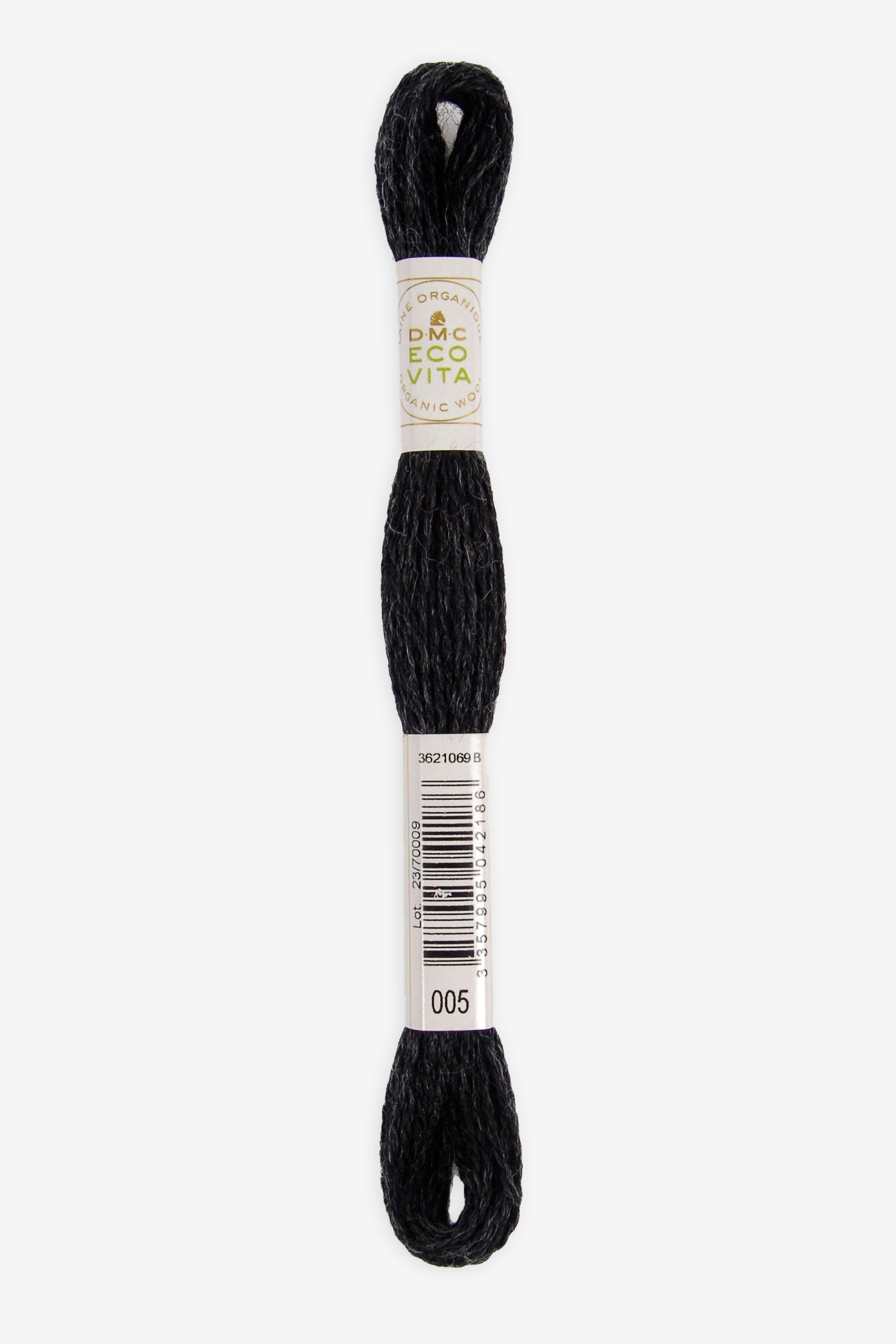 Single skein of Eco Vita Crewel Wool thread from DMC in color #005 against a white background