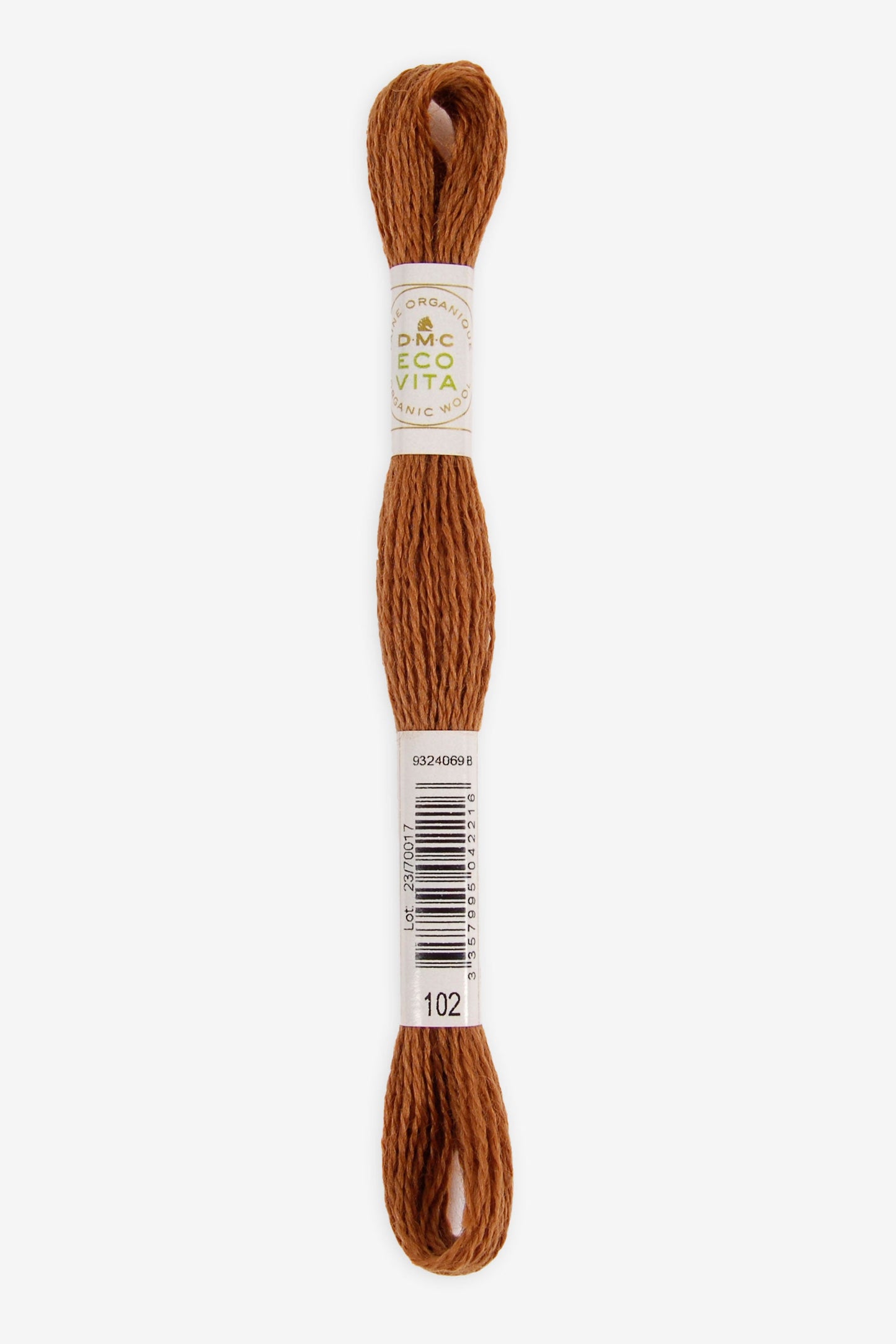 Single skein of Eco Vita Crewel Wool thread from DMC in color #102 against a white background