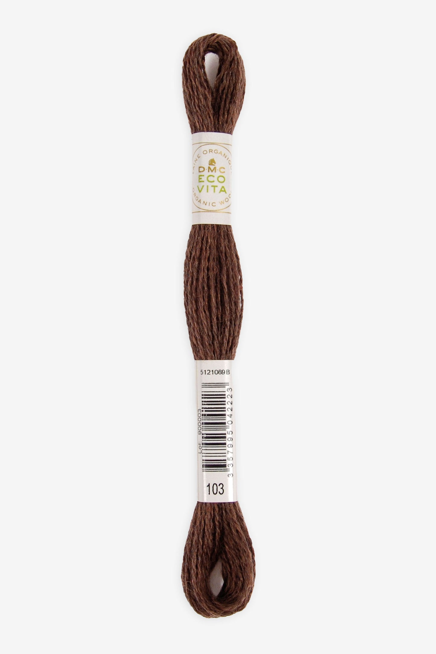 Single skein of Eco Vita Crewel Wool thread from DMC in color #103 against a white background