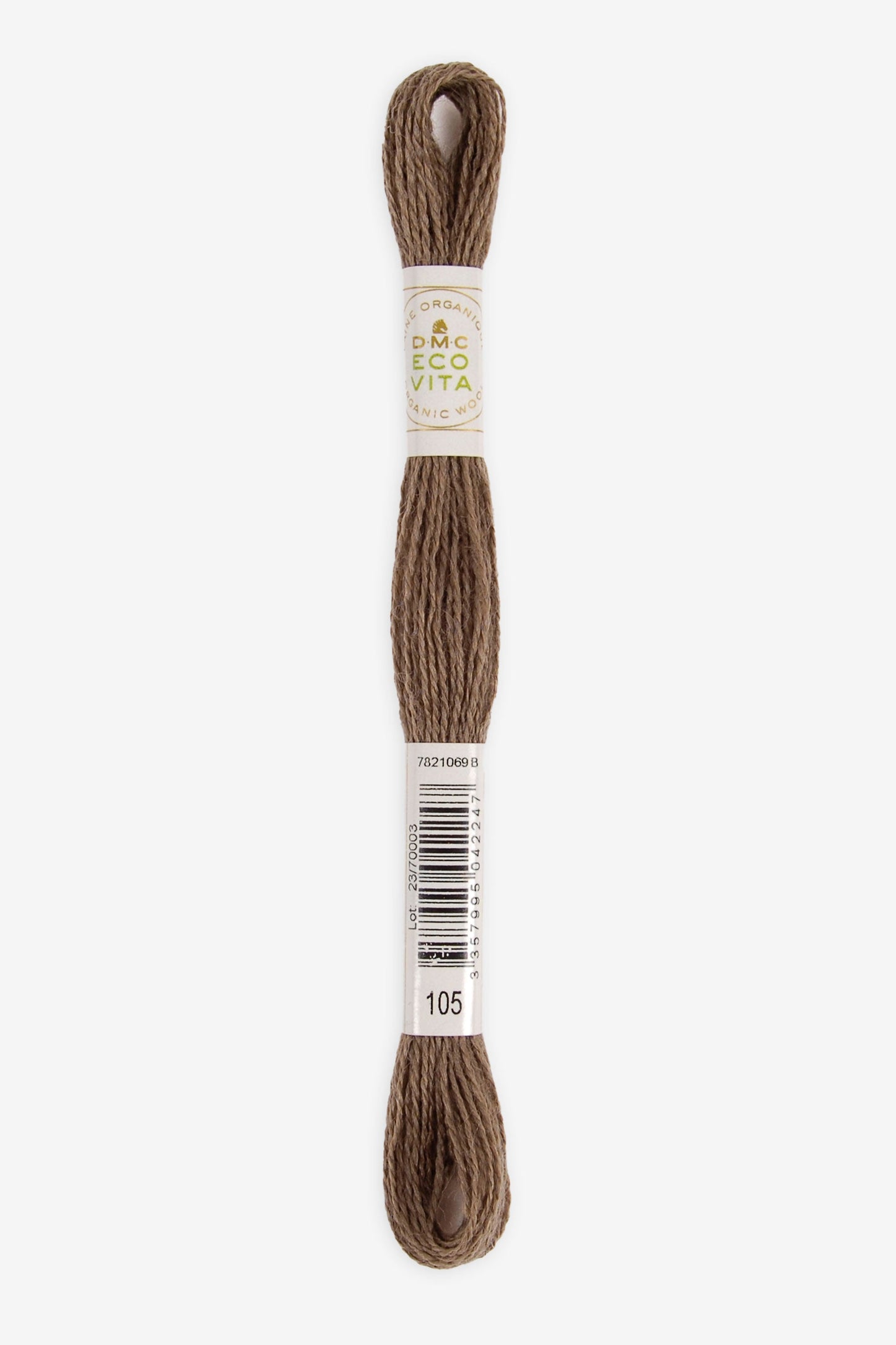 Single skein of Eco Vita Crewel Wool thread from DMC in color #105 against a white background