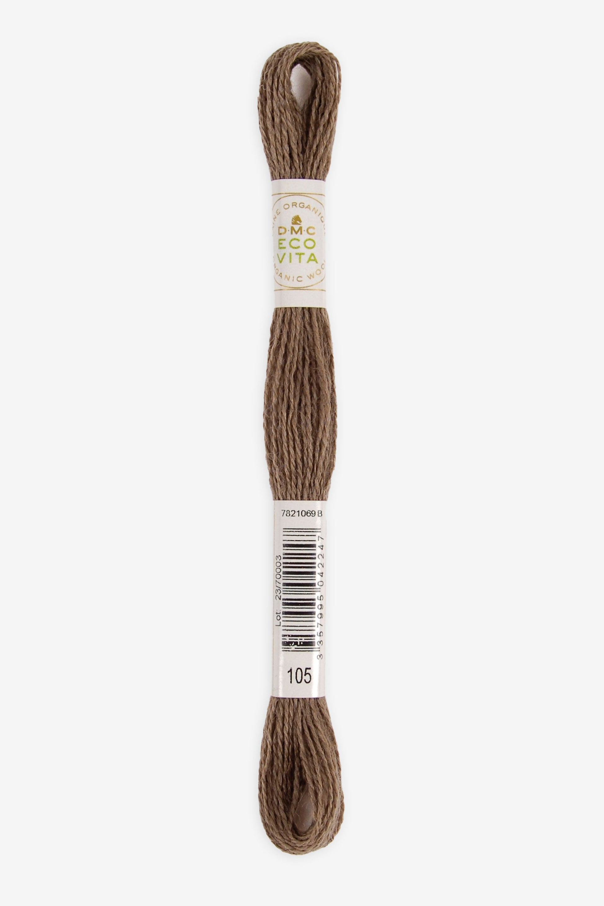 Single skein of Eco Vita Crewel Wool thread from DMC in color #105 against a white background