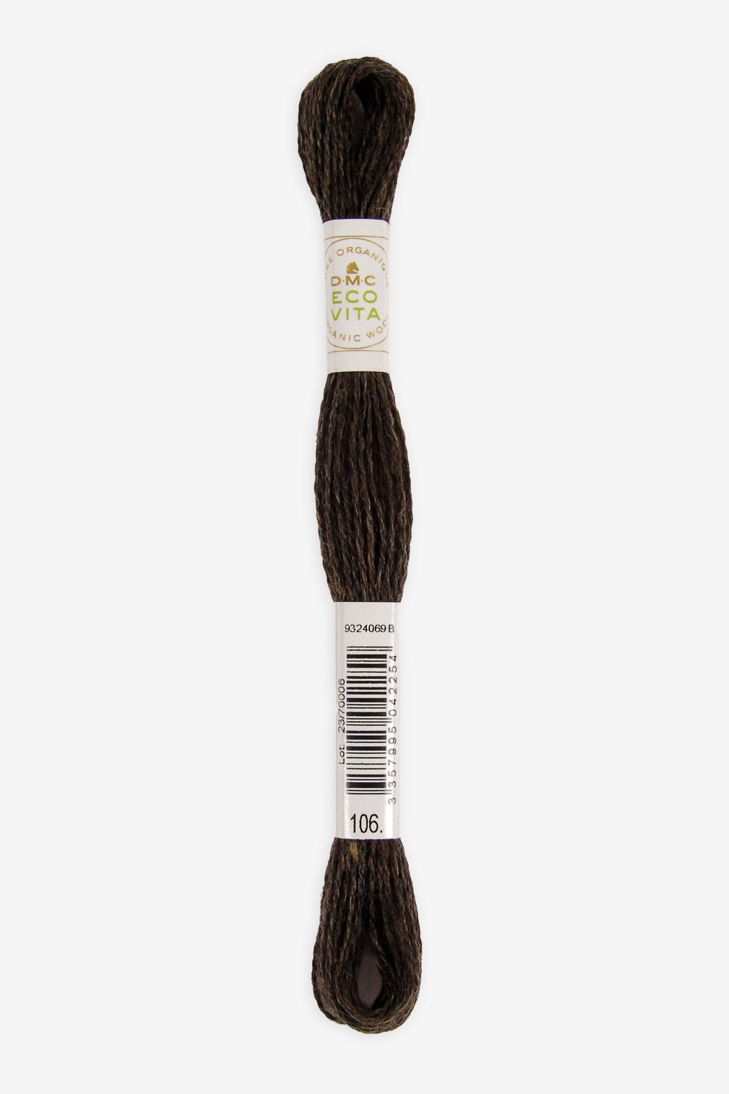 Single skein of Eco Vita Crewel Wool thread from DMC in color #106 against a white background