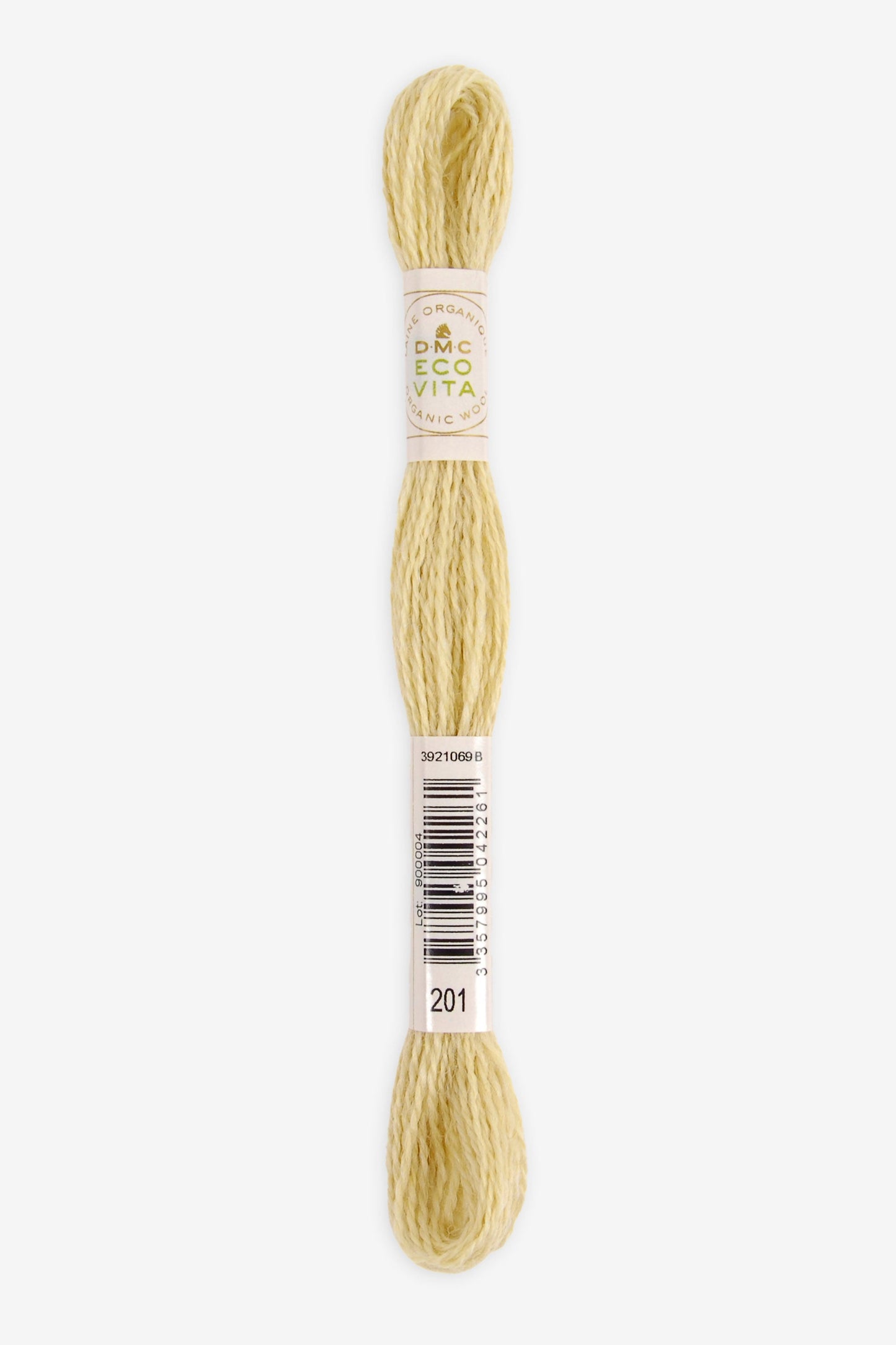 Single skein of Eco Vita Crewel Wool thread from DMC in color #201 against a white background