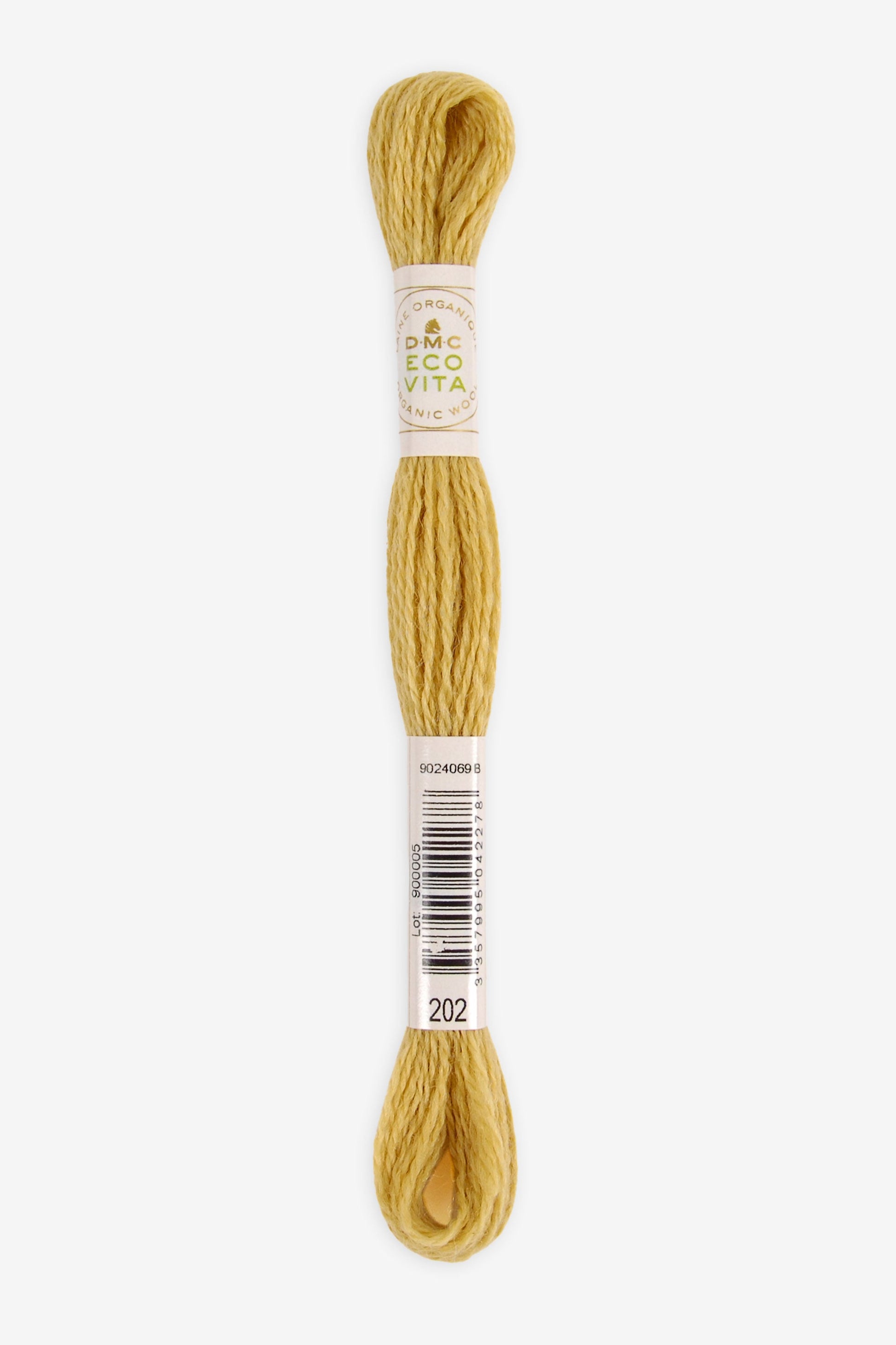 Single skein of Eco Vita Crewel Wool thread from DMC in color #202 against a white background