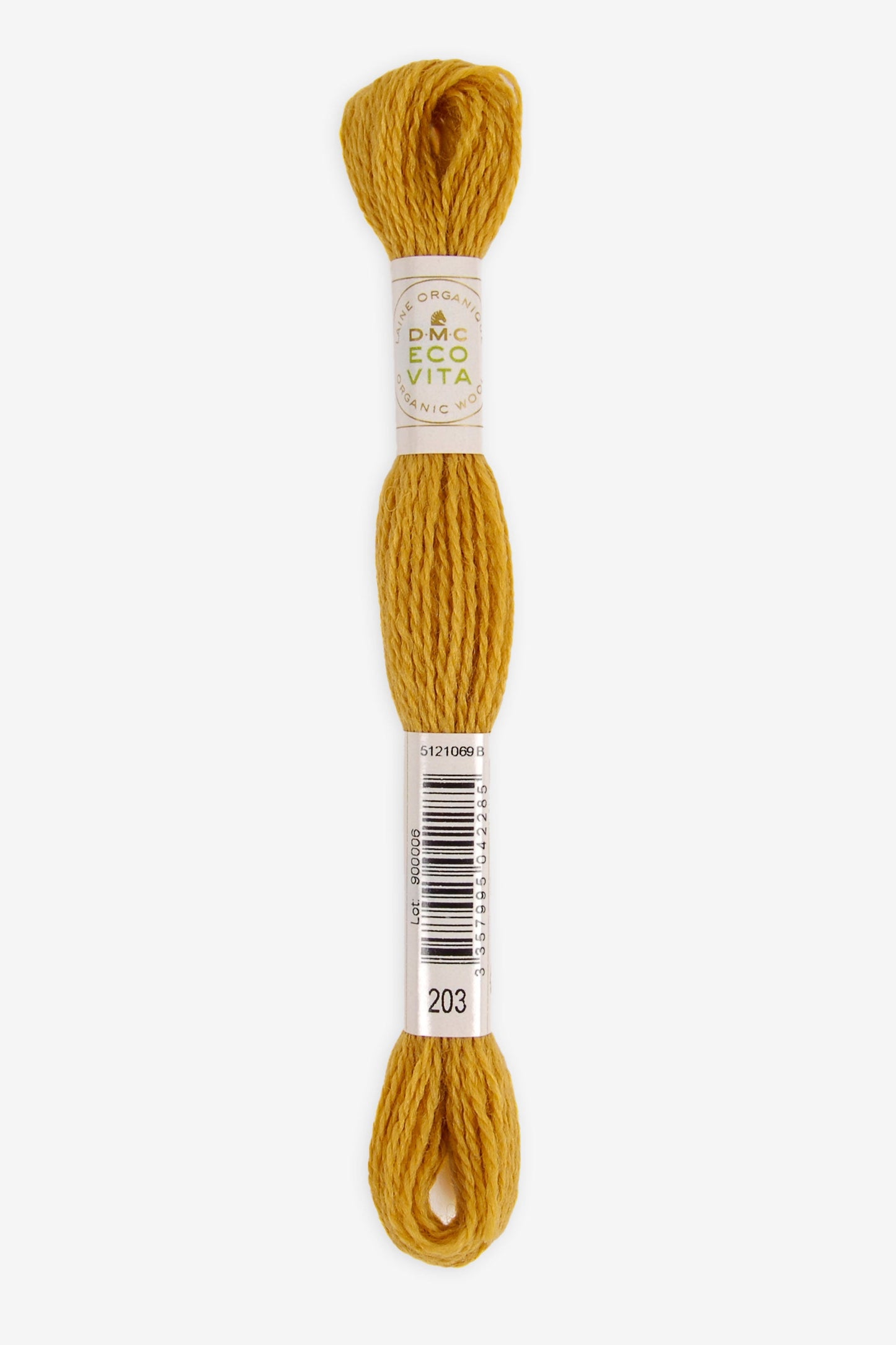Single skein of Eco Vita Crewel Wool thread from DMC in color #203 against a white background