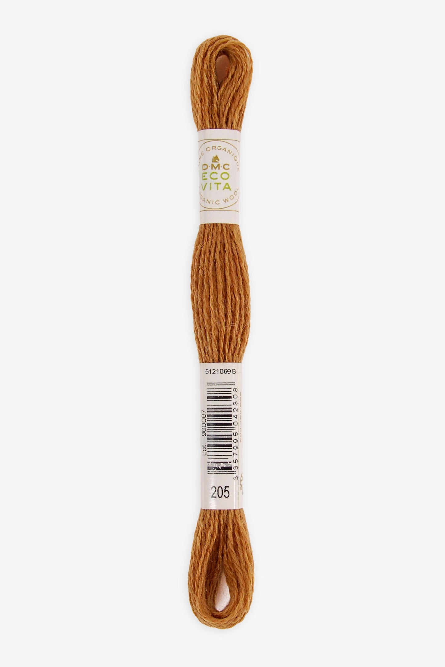 Single skein of Eco Vita Crewel Wool thread from DMC in color #205 against a white background