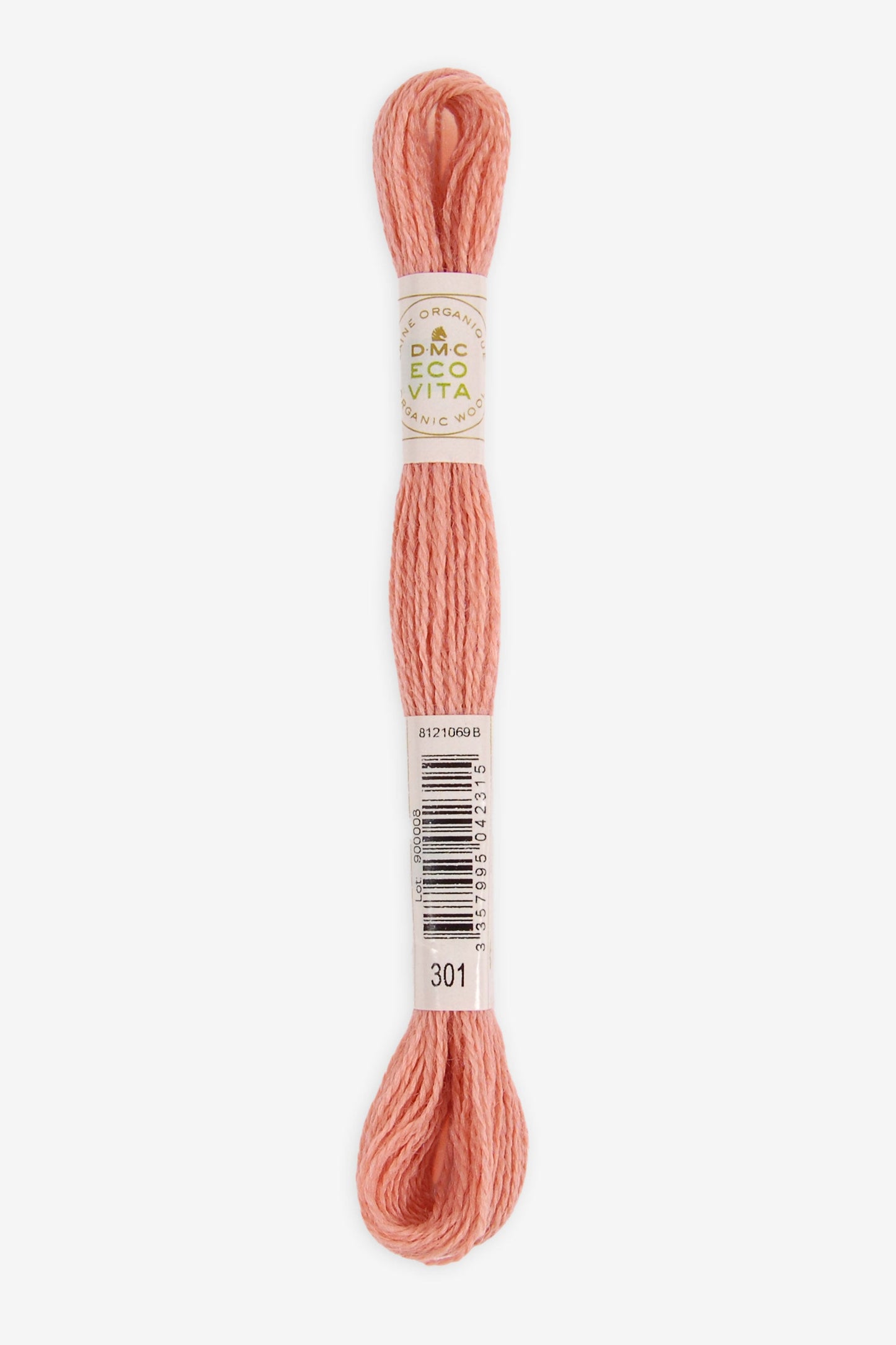 Single skein of Eco Vita Crewel Wool thread from DMC in color #301 against a white background