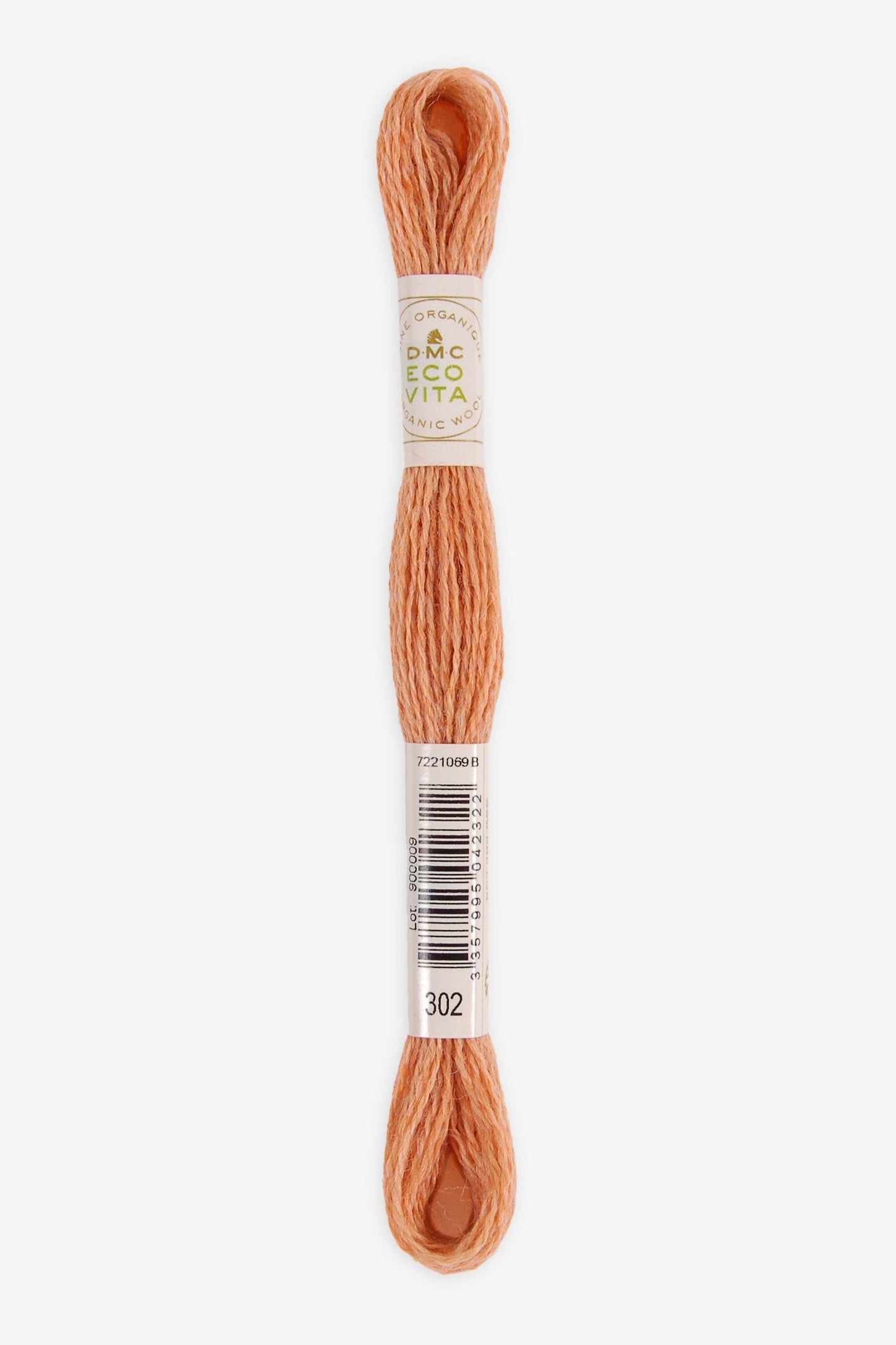 Single skein of Eco Vita Crewel Wool thread from DMC in color #302 against a white background