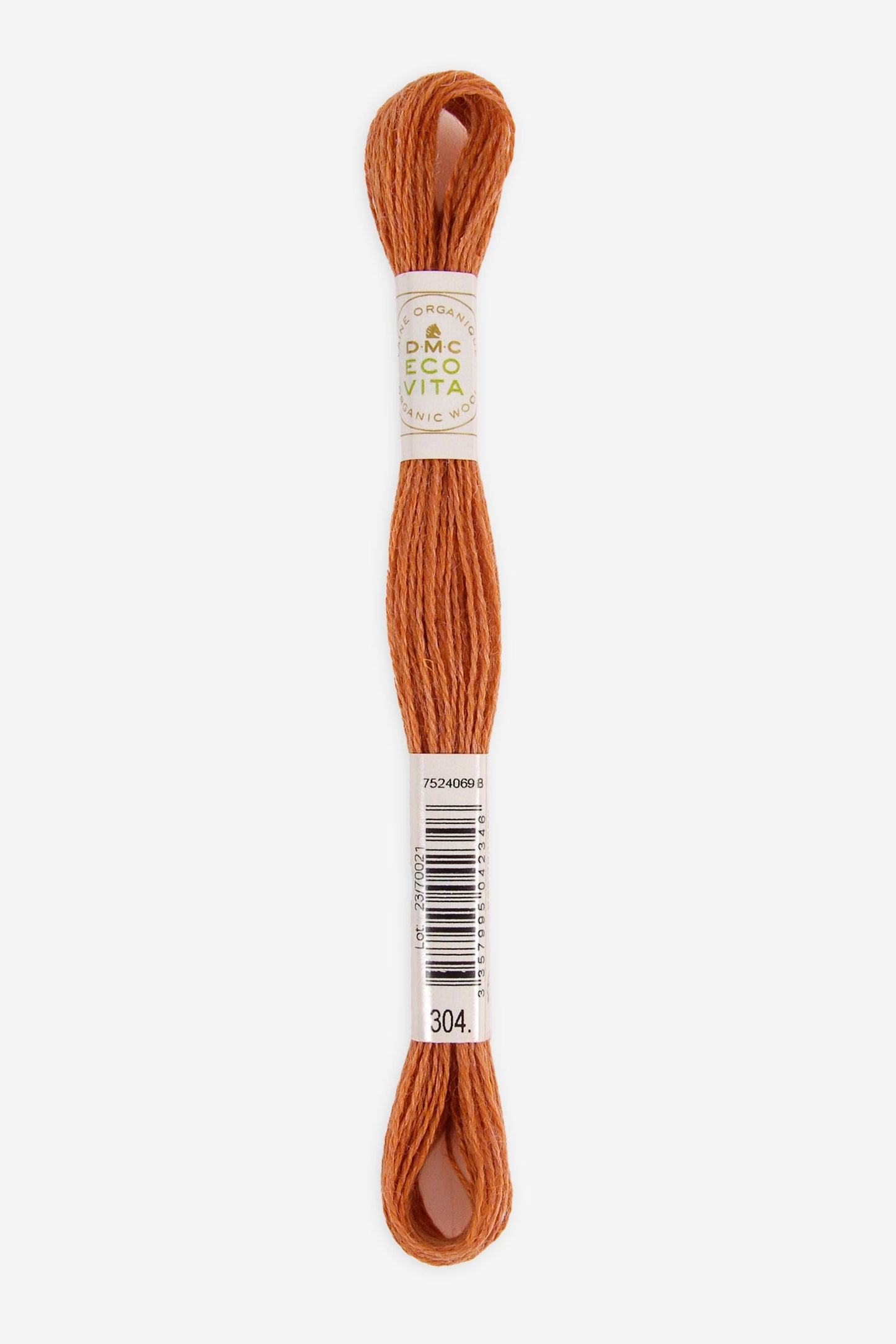 Single skein of Eco Vita Crewel Wool thread from DMC in color #304 against a white background