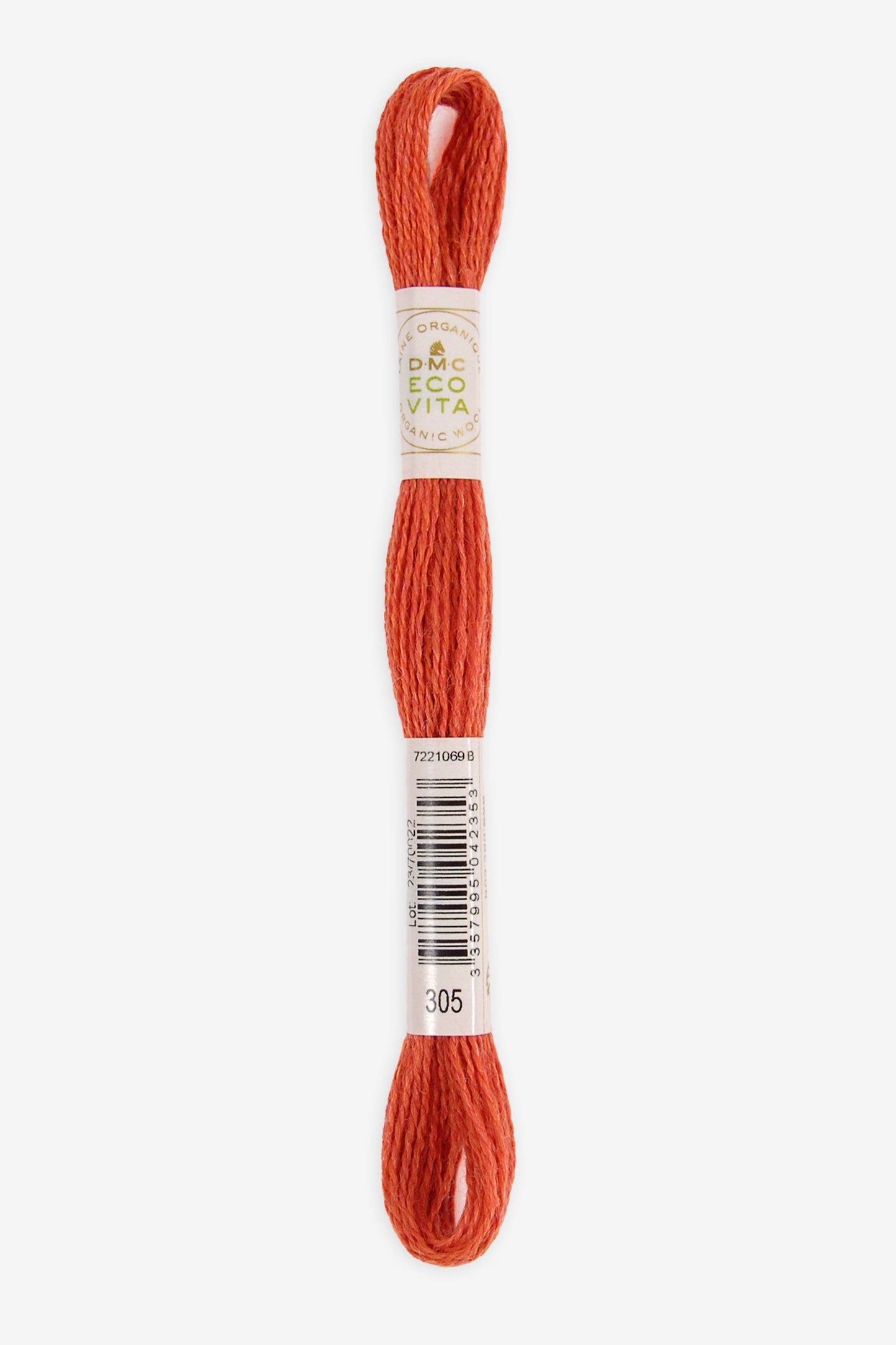 Single skein of Eco Vita Crewel Wool thread from DMC in color #305 against a white background