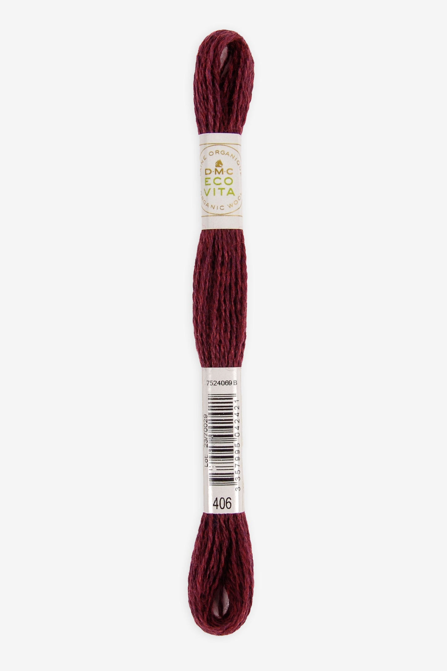 Single skein of Eco Vita Crewel Wool thread from DMC in color #406 against a white background