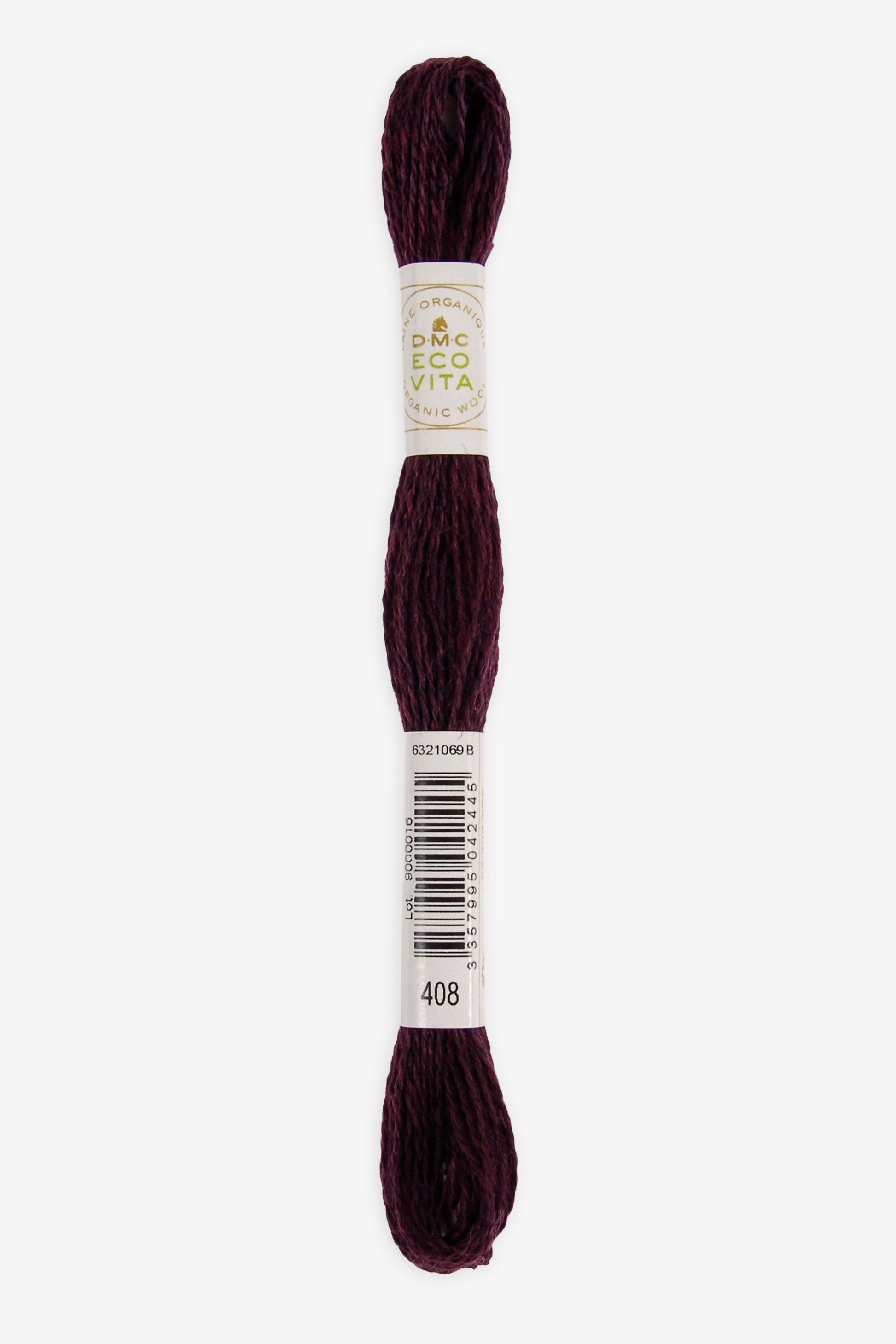 Single skein of Eco Vita Crewel Wool thread from DMC in color #408 against a white background