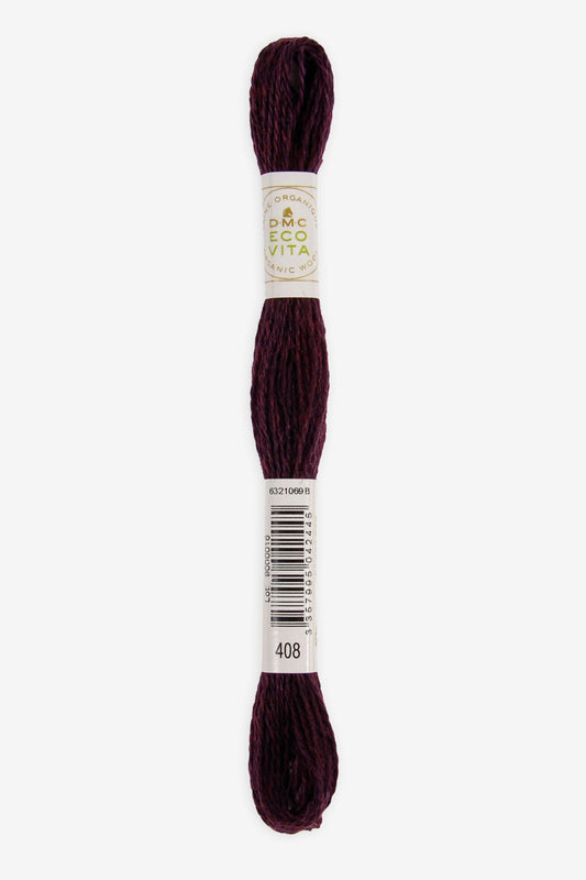 Single skein of Eco Vita Crewel Wool thread from DMC in color #408 against a white background