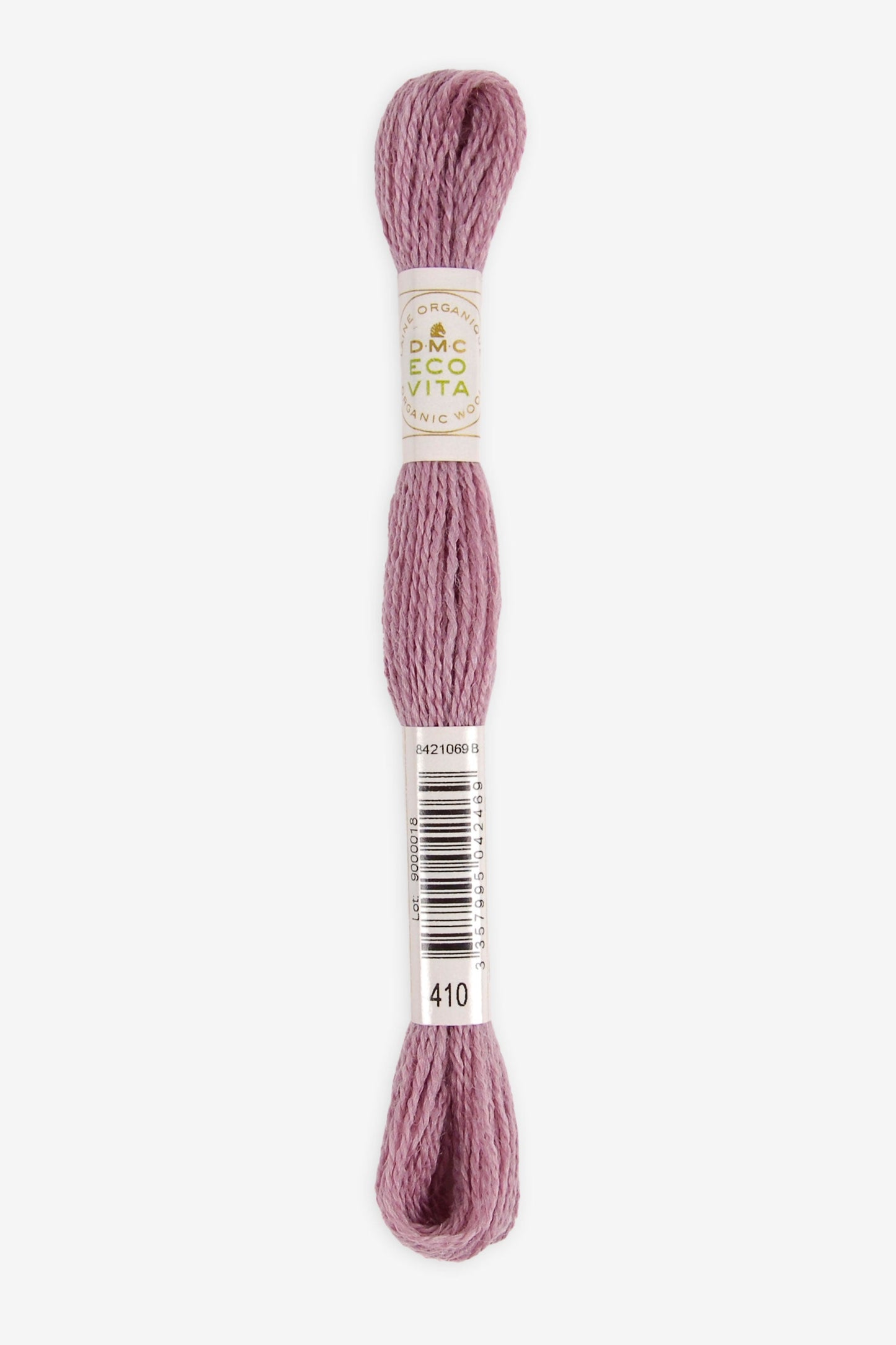 Single skein of Eco Vita Crewel Wool thread from DMC in color #410 against a white background