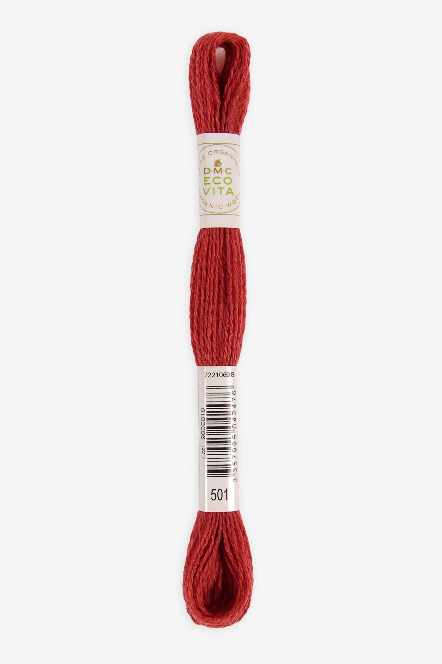 Single skein of Eco Vita Crewel Wool thread from DMC in color #501 against a white background