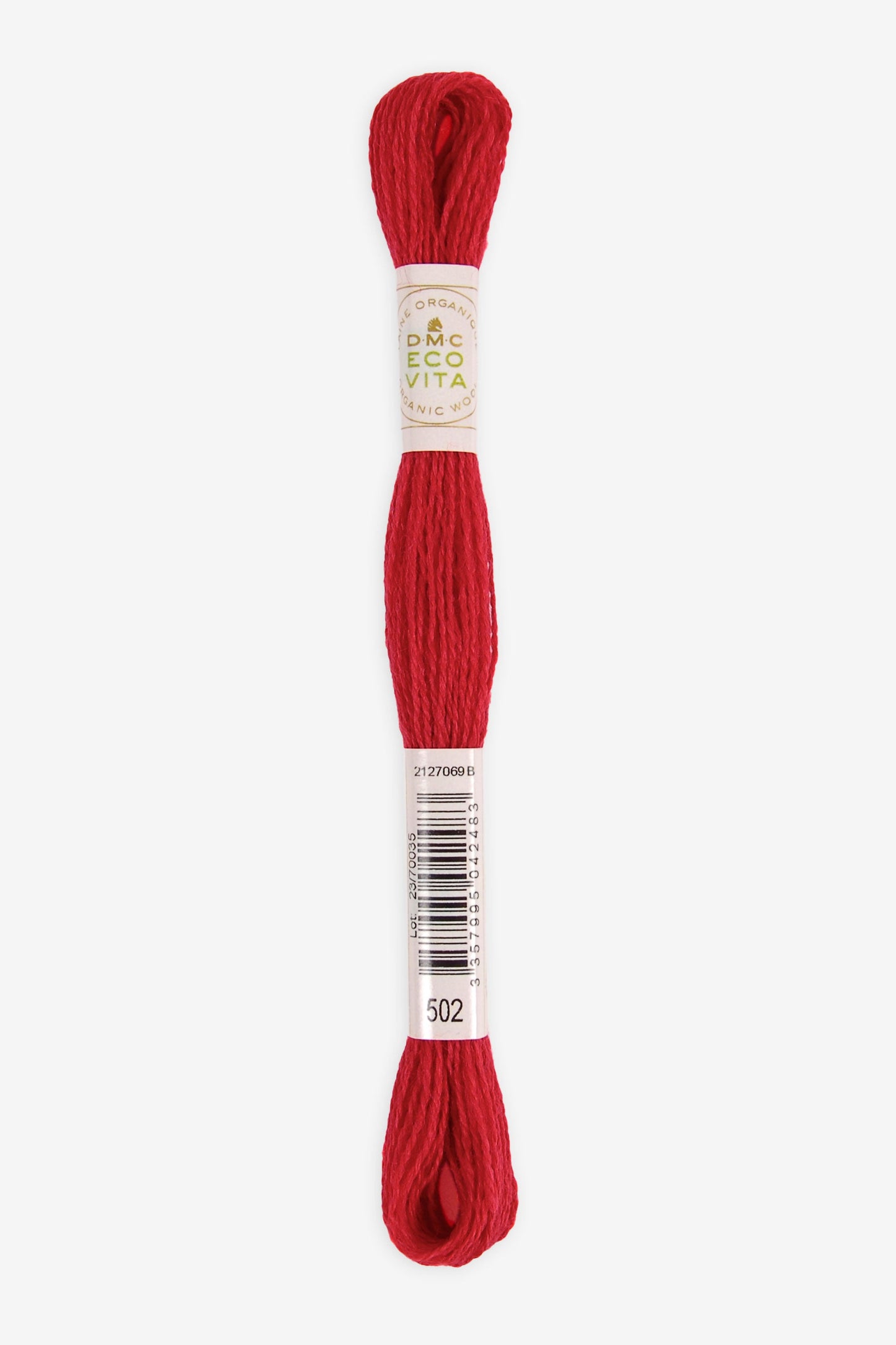 Single skein of Eco Vita Crewel Wool thread from DMC in color #502 against a white background