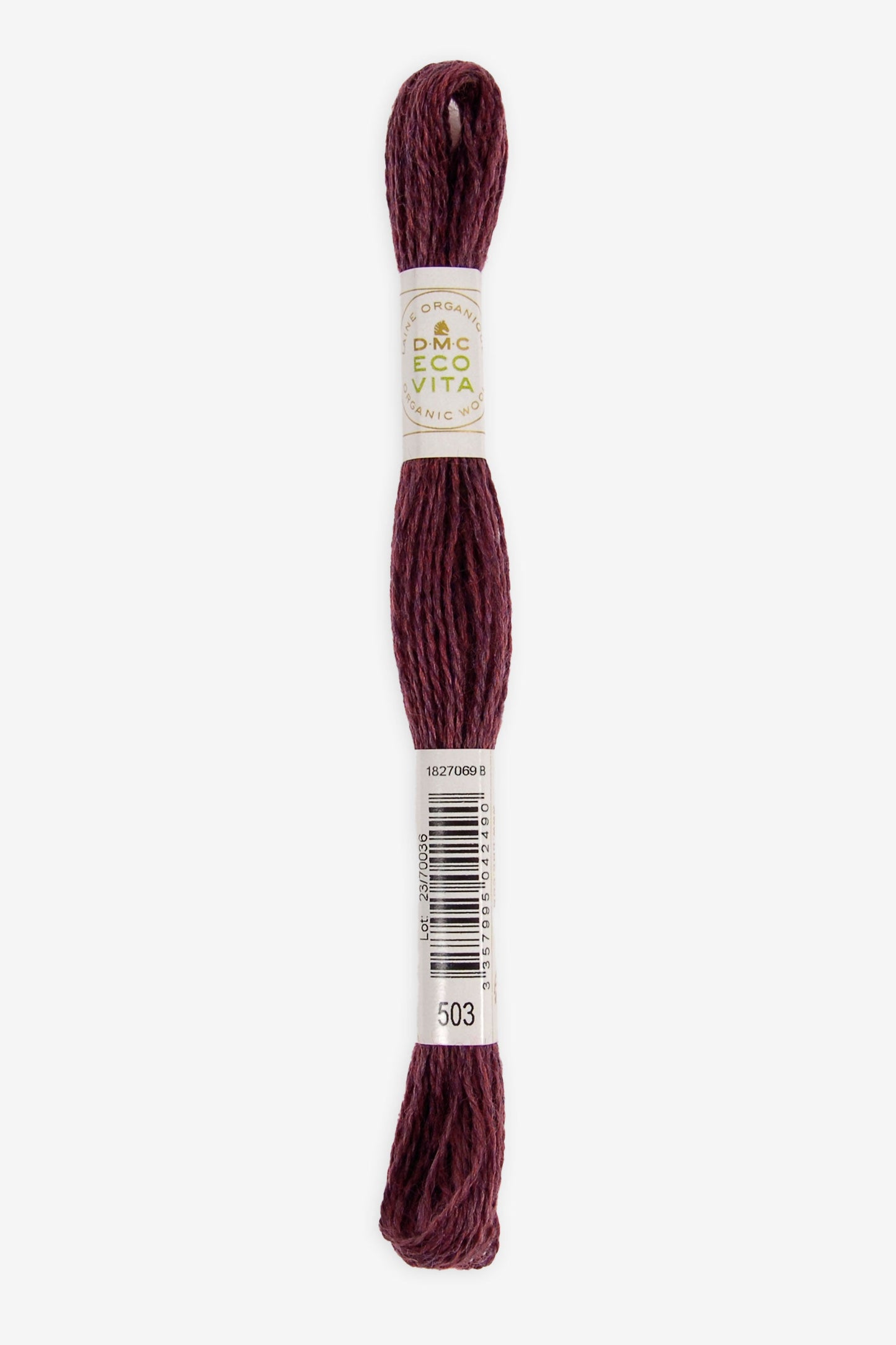 Single skein of Eco Vita Crewel Wool thread from DMC in color #503 against a white background