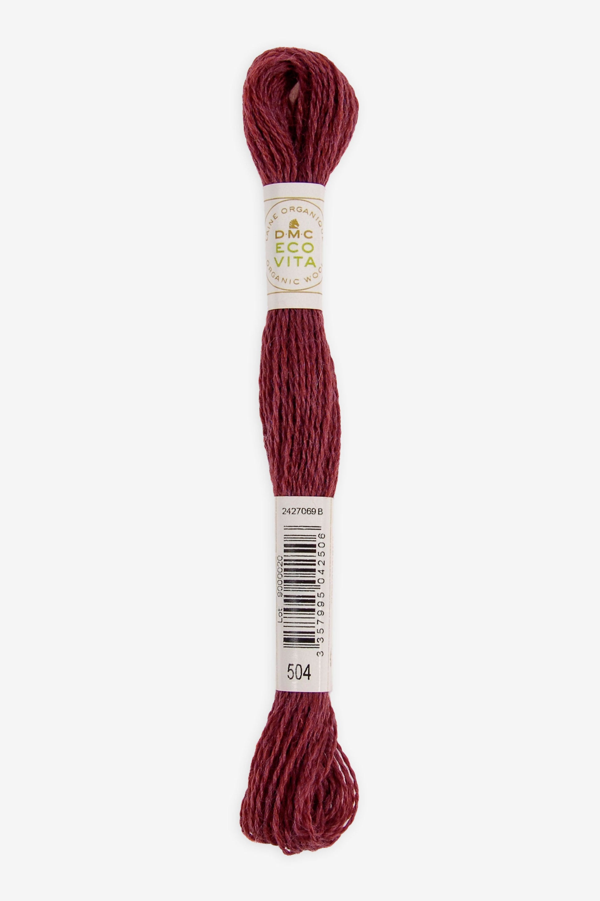 Single skein of Eco Vita Crewel Wool thread from DMC in color #504 against a white background