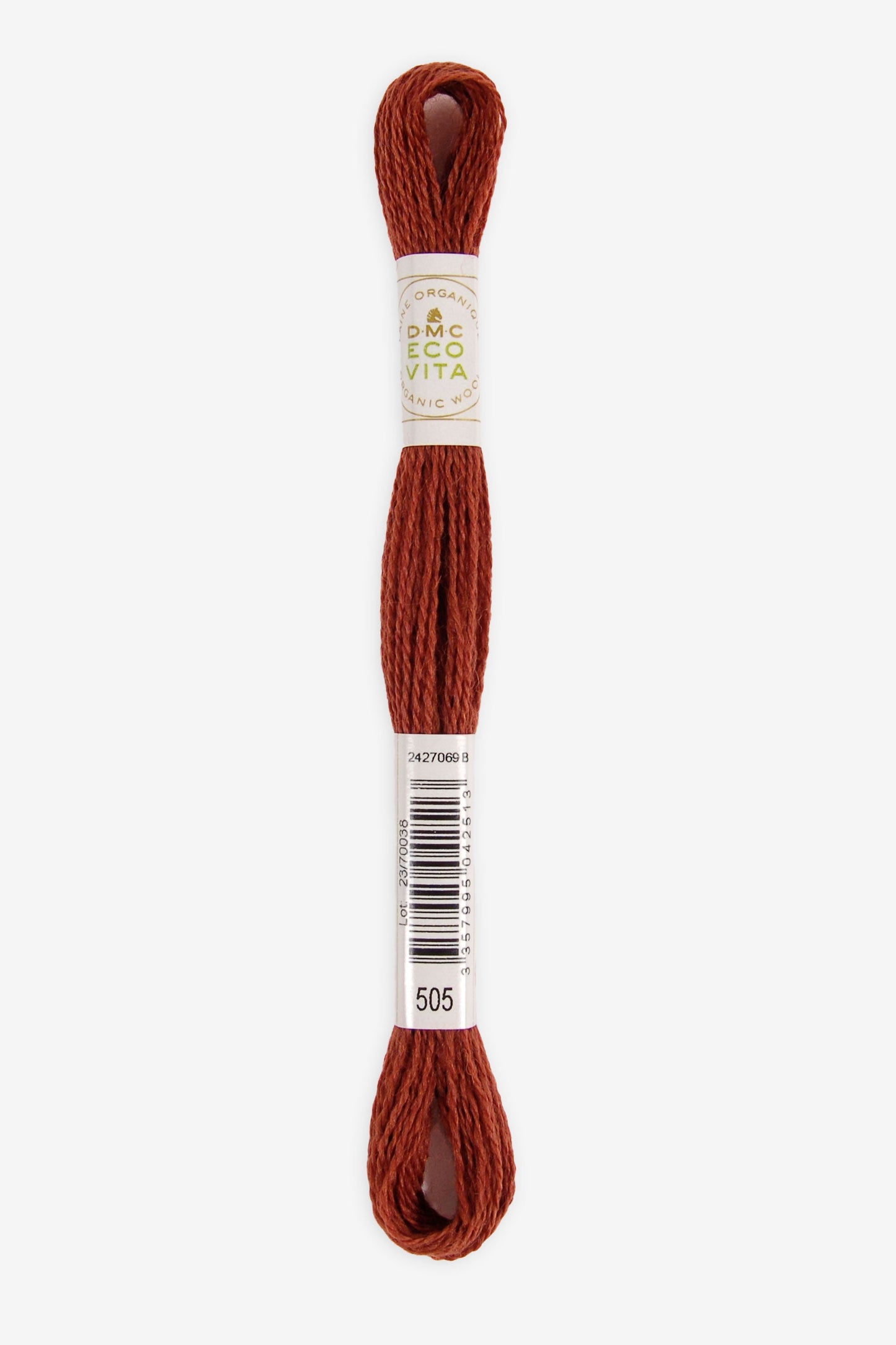 Single skein of Eco Vita Crewel Wool thread from DMC in color #505 against a white background