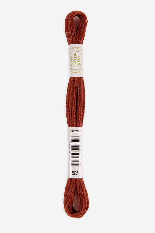 Single skein of Eco Vita Crewel Wool thread from DMC in color #505 against a white background