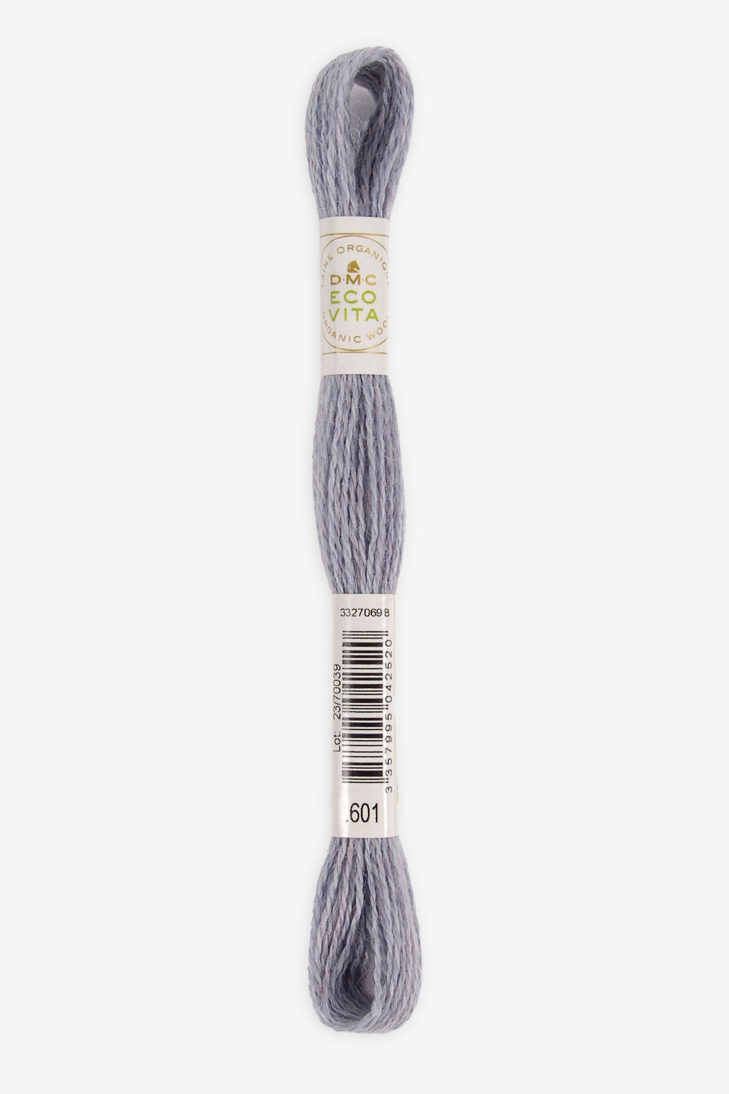 Single skein of Eco Vita Crewel Wool thread from DMC in color #601 against a white background