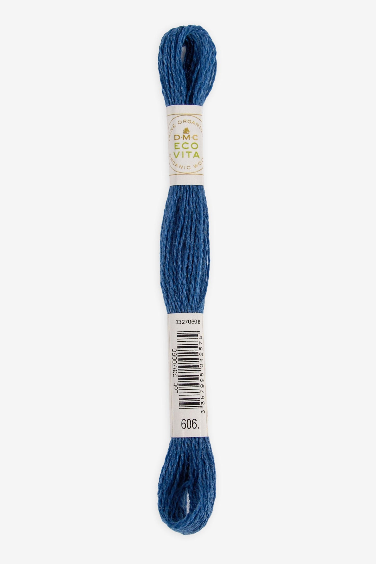 Single skein of Eco Vita Crewel Wool thread from DMC in color #606 against a white background