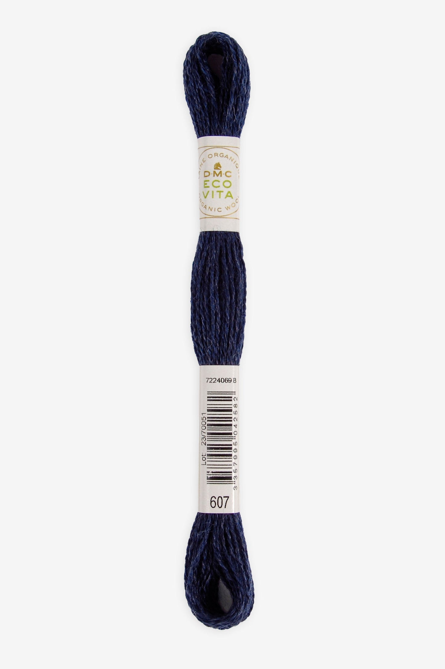 Single skein of Eco Vita Crewel Wool thread from DMC in color #607 against a white background