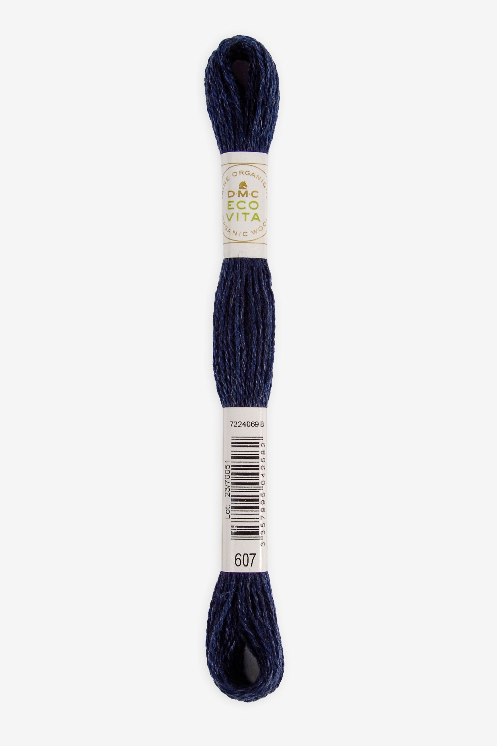 Single skein of Eco Vita Crewel Wool thread from DMC in color #607 against a white background