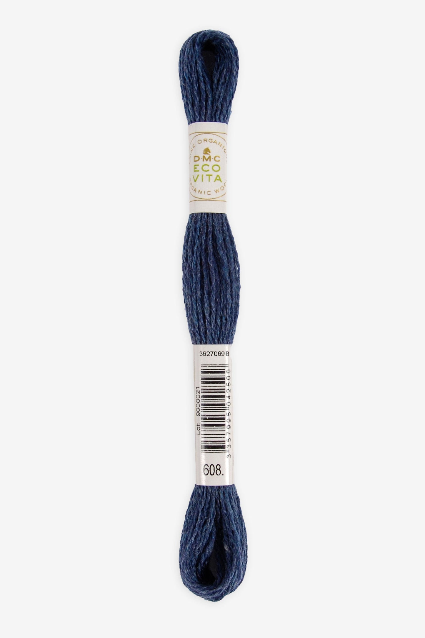 Single skein of Eco Vita Crewel Wool thread from DMC in color #608 against a white background