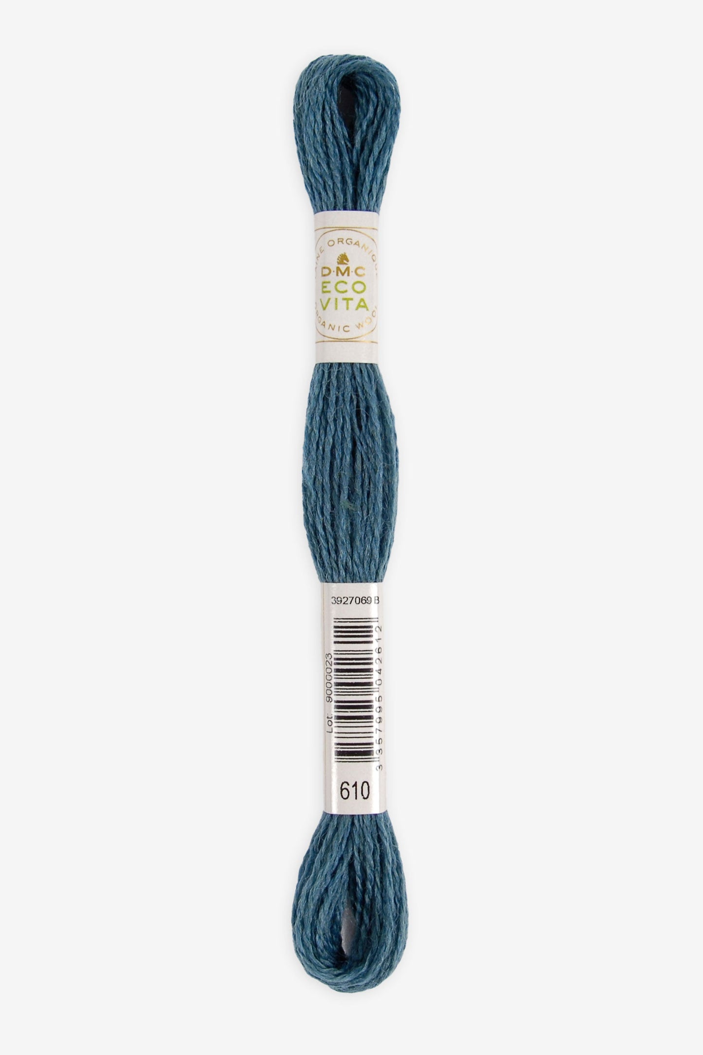 Single skein of Eco Vita Crewel Wool thread from DMC in color #610 against a white background