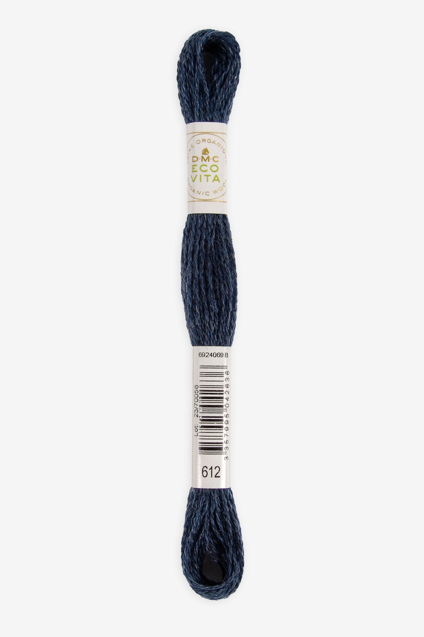 Single skein of Eco Vita Crewel Wool thread from DMC in color #612 against a white background