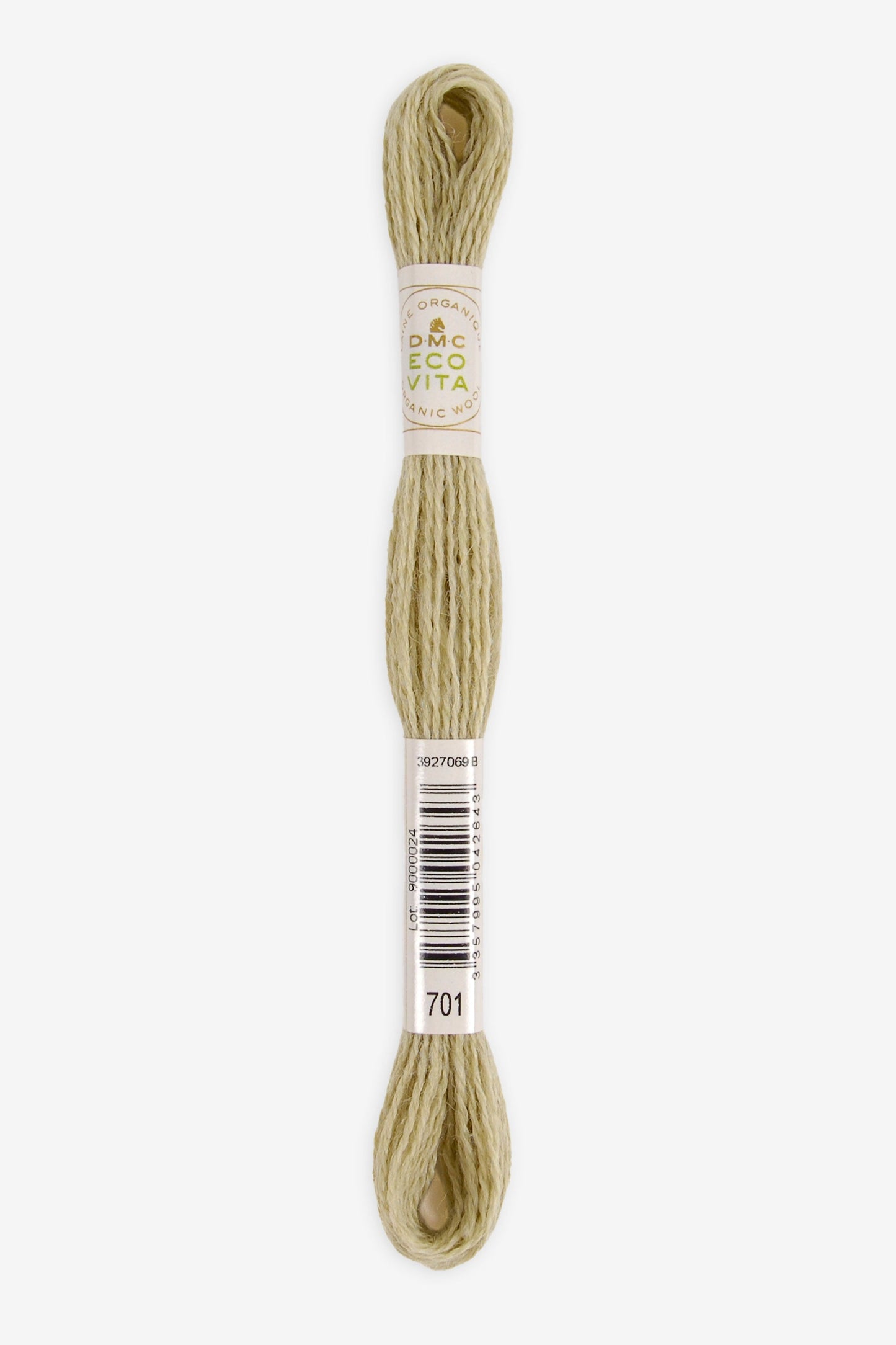 Single skein of Eco Vita Crewel Wool thread from DMC in color #701 against a white background