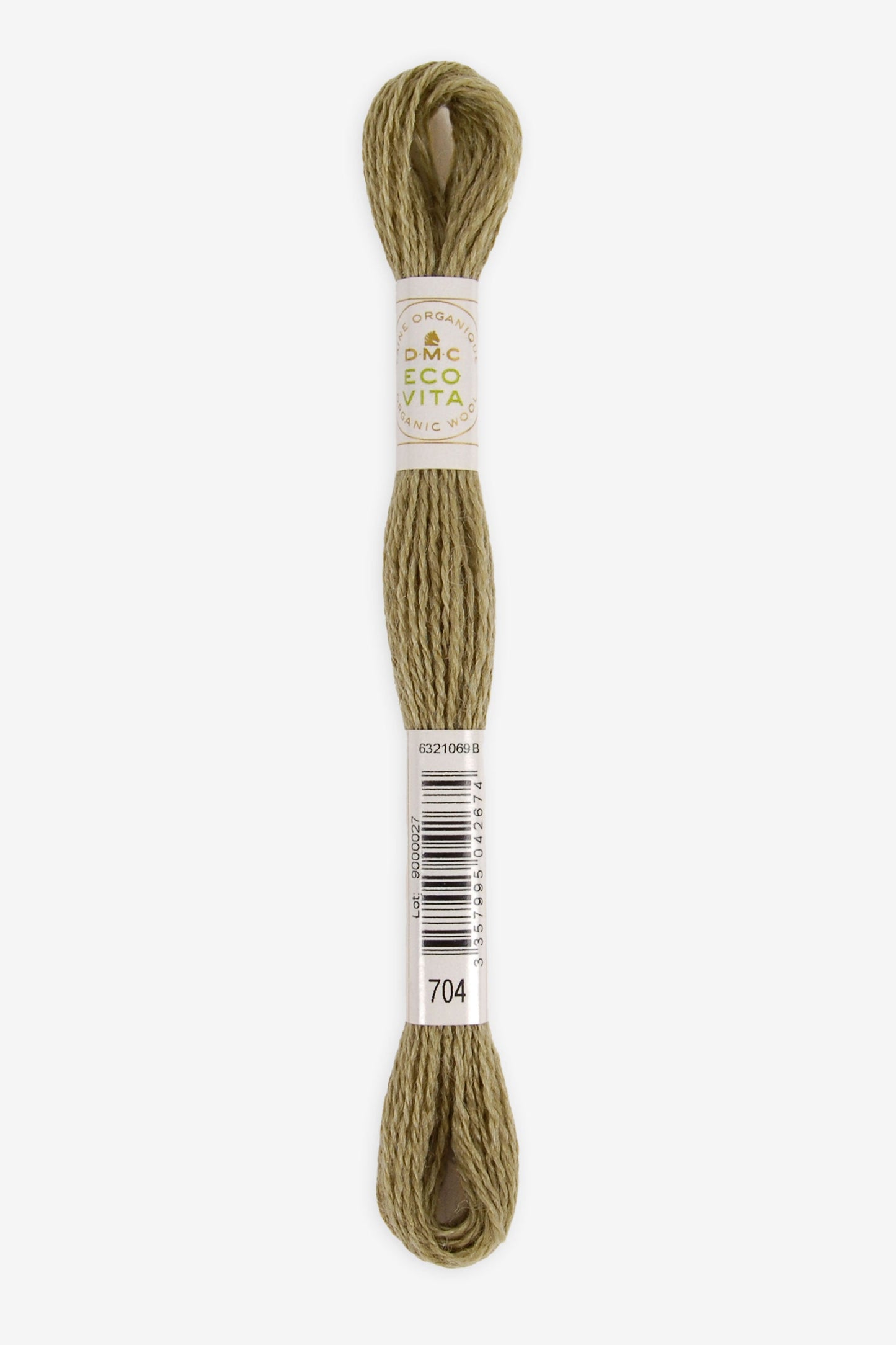 Single skein of Eco Vita Crewel Wool thread from DMC in color #704 against a white background