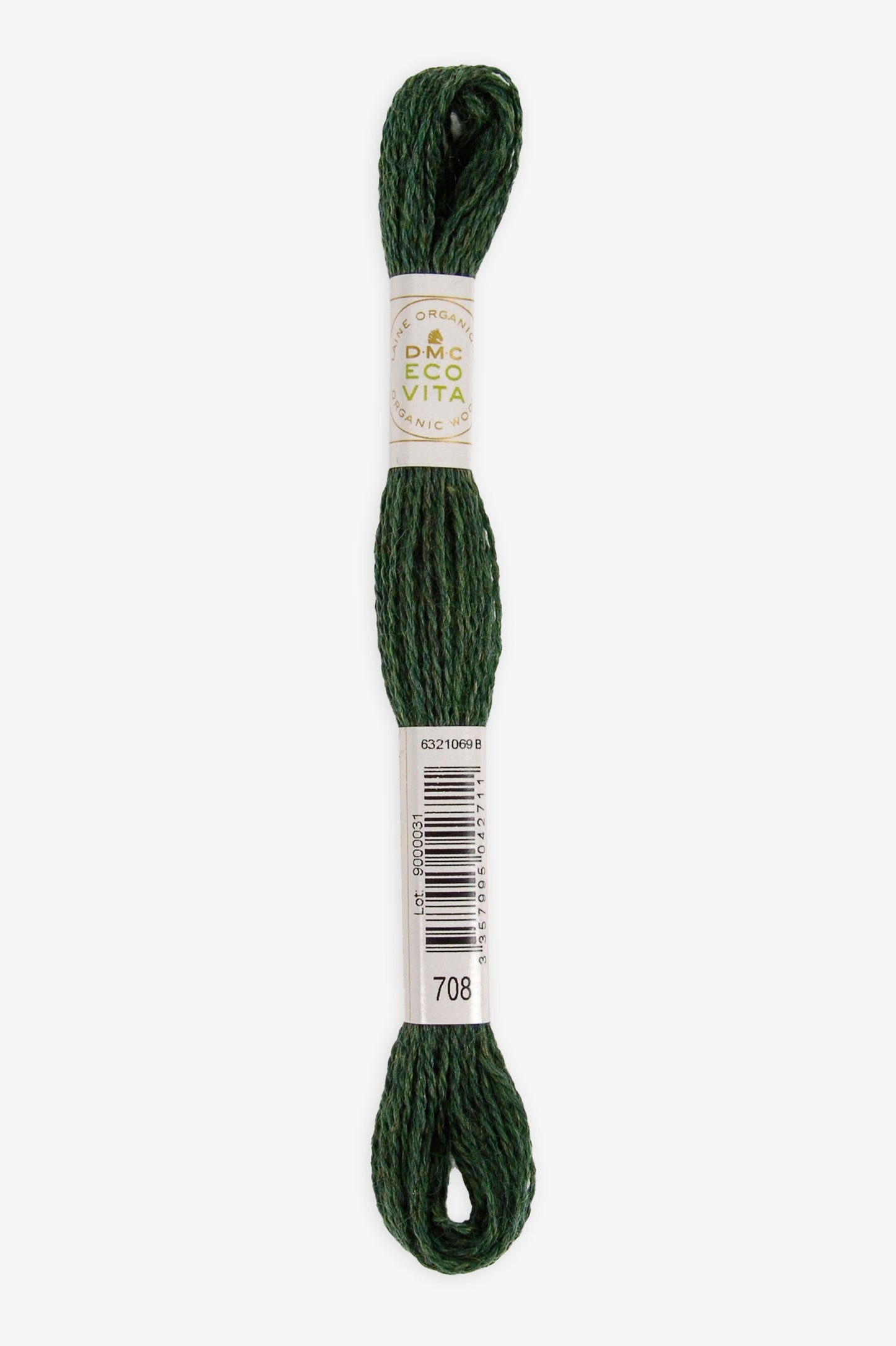 Single skein of Eco Vita Crewel Wool thread from DMC in color #708 against a white background