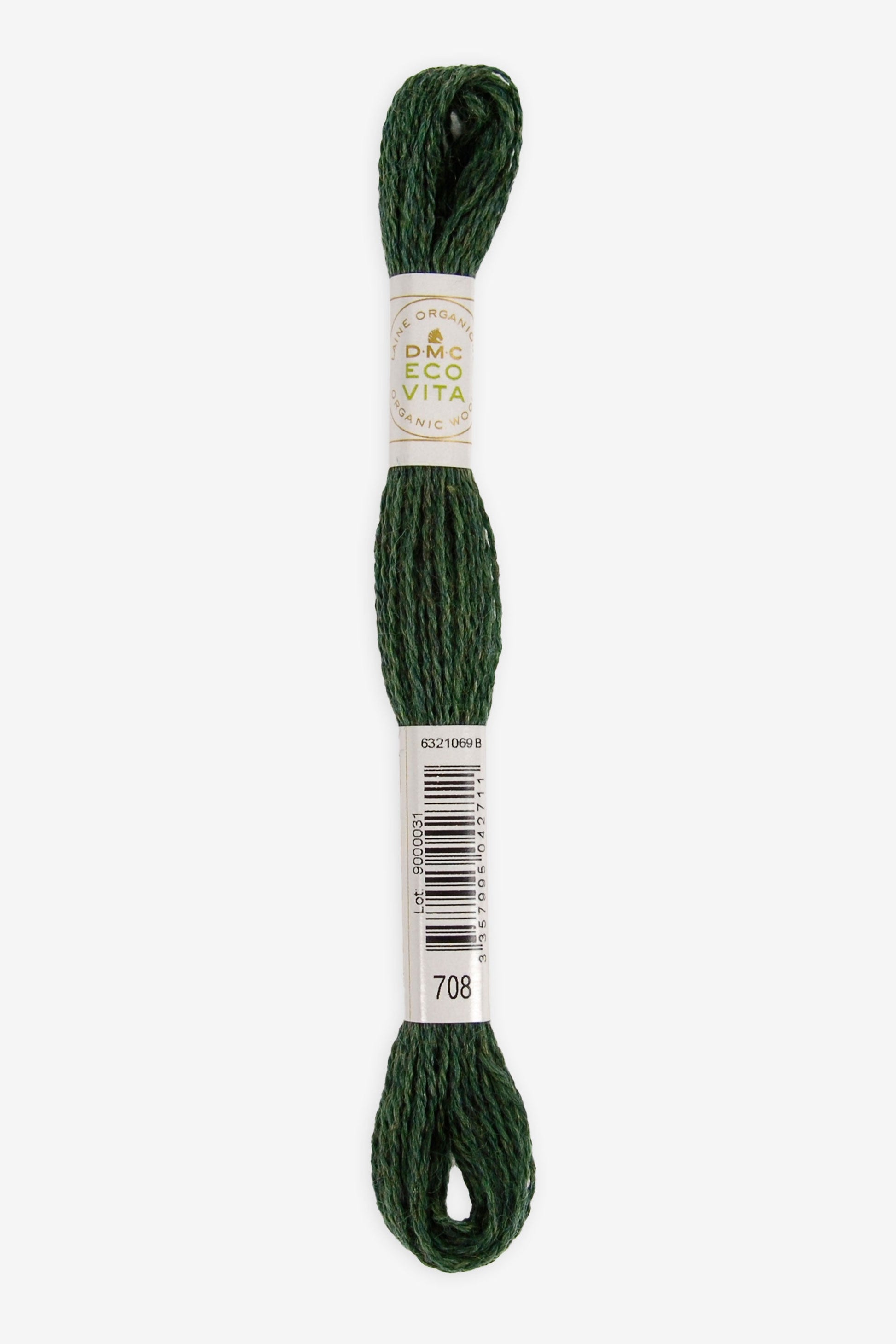 Single skein of Eco Vita Crewel Wool thread from DMC in color #708 against a white background