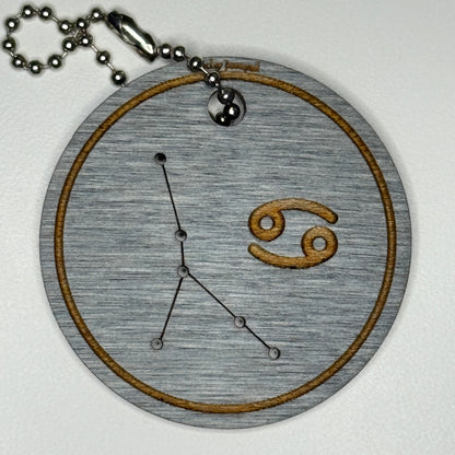 Circular pendant with astrological symbol & stars on a blue wood, set against a white background