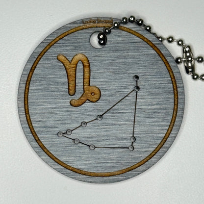 Circular pendant with astrological symbol & stars on a blue wood, set against a white background