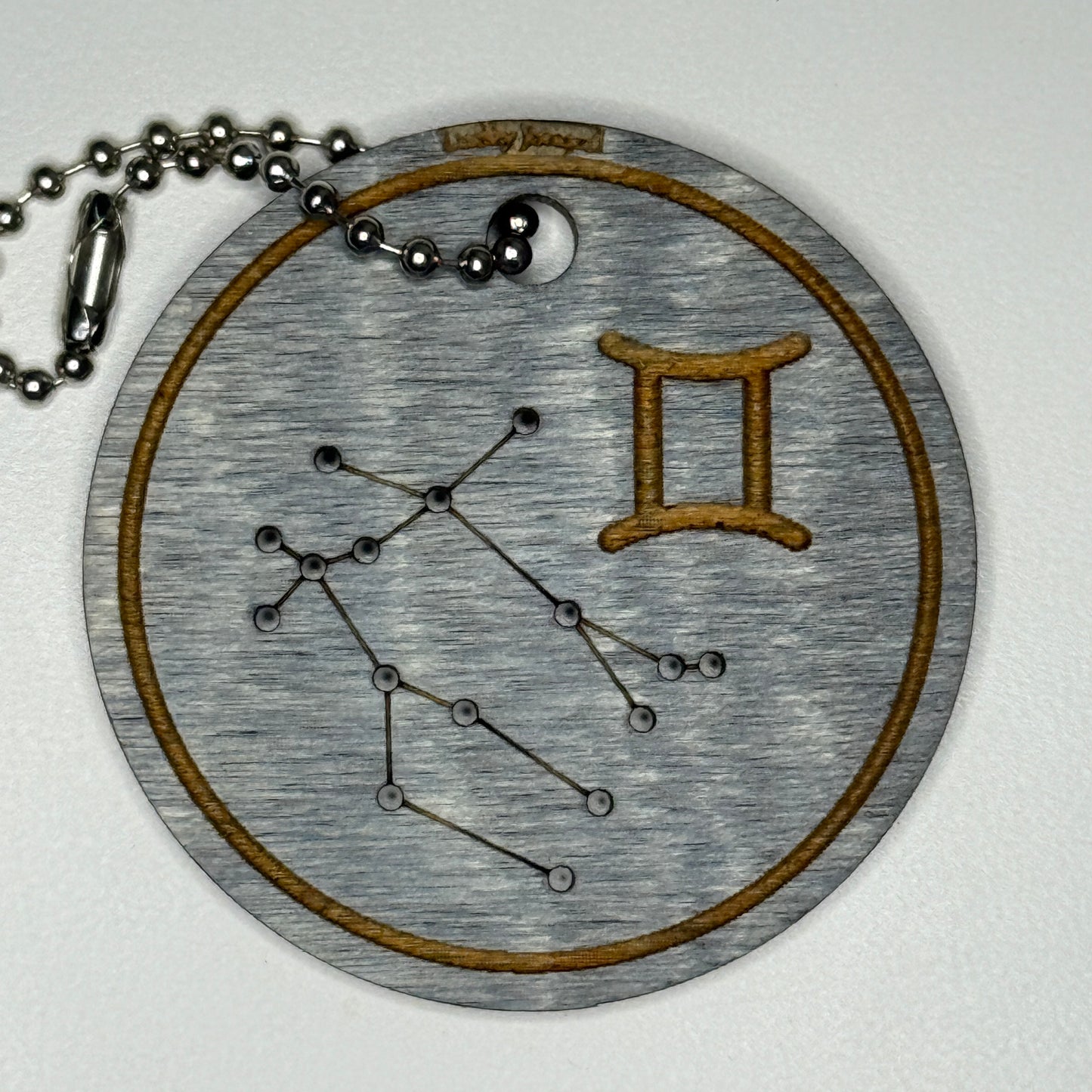Circular pendant with astrological symbol & stars on a blue wood, set against a white background