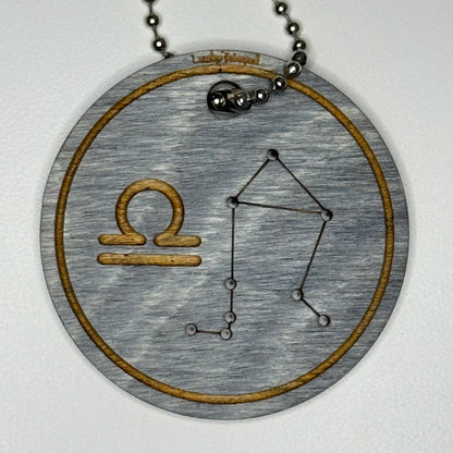 Circular pendant with astrological symbol & stars on a blue wood, set against a white background