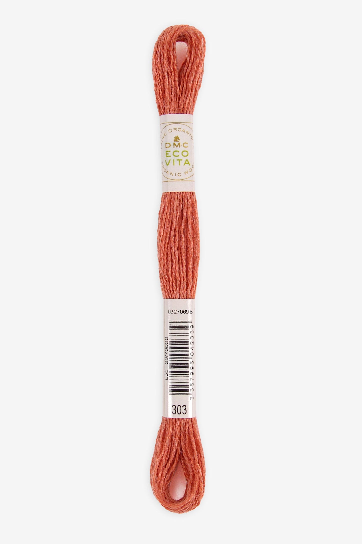 Single skein of Eco Vita Crewel Wool thread from DMC in color #303 against a white background