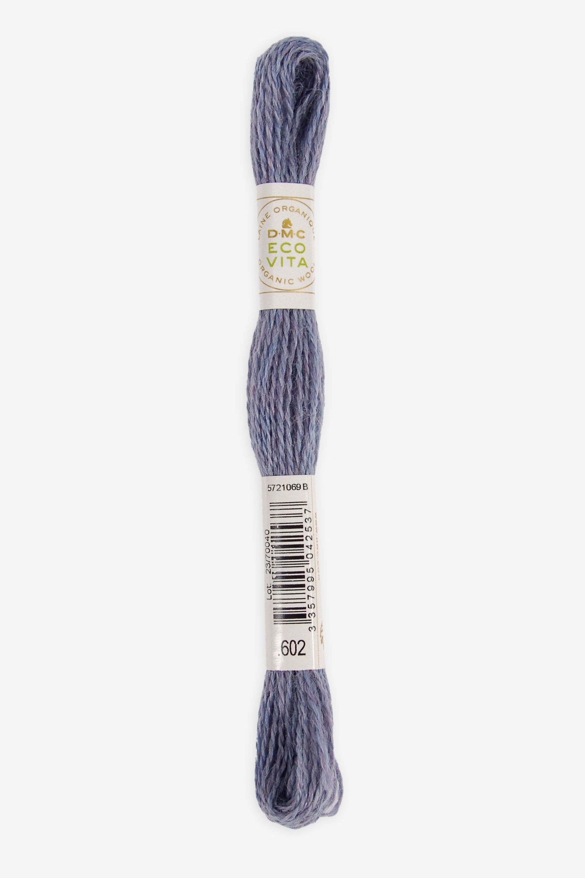 Single skein of Eco Vita Crewel Wool thread from DMC in color #602 against a white background